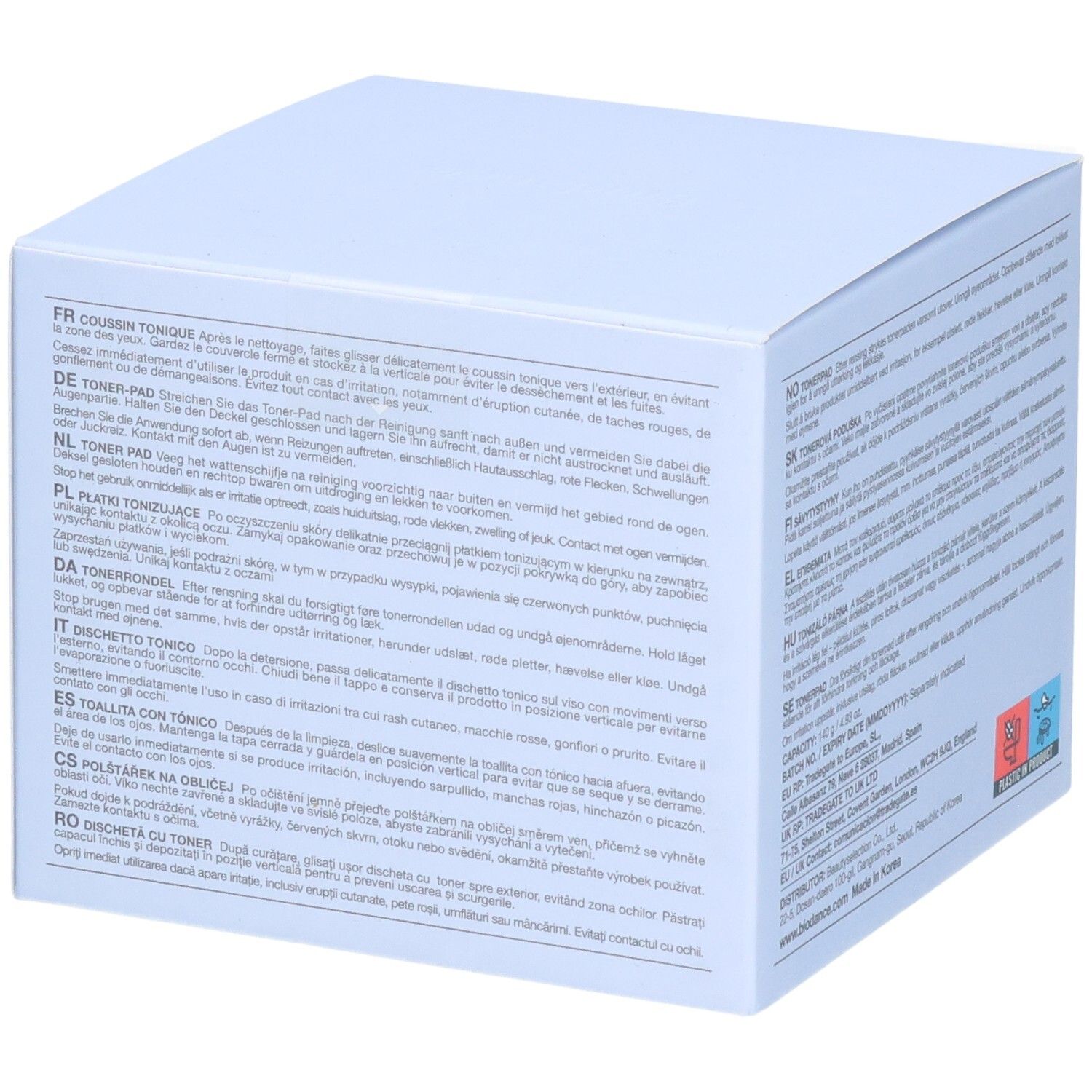 Seitenansicht der Biodance CERA-NOL GEL TONER PADS Verpackung mit mehrsprachigen Informationen.