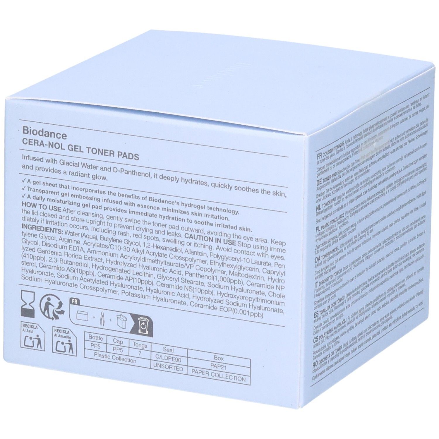 Biodance CERA-NOL GEL TONER PADS Verpackung mit detaillierten Produktinformationen und Inhaltsstoffen.