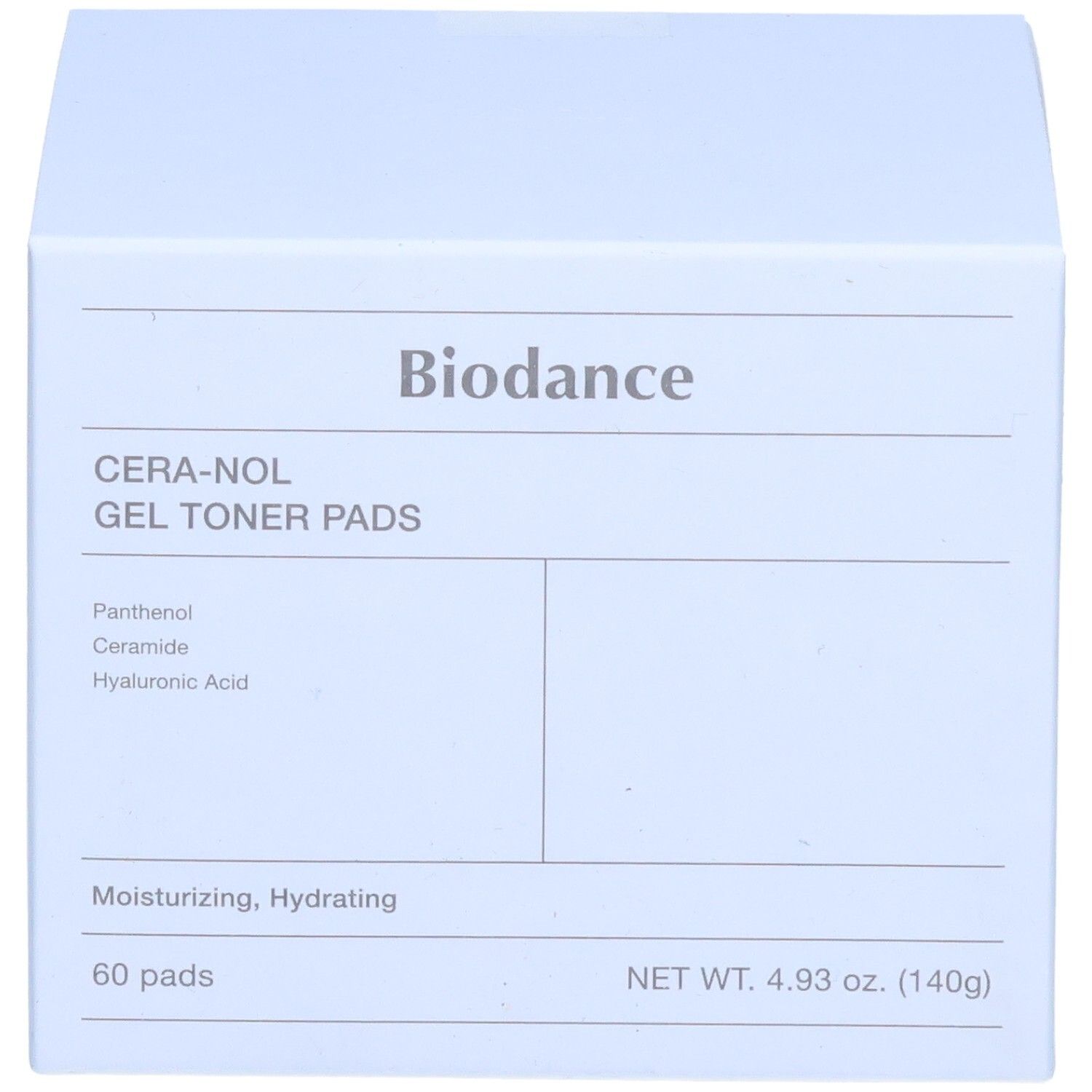 Vorderseite der Biodance CERA-NOL GEL TONER PADS Verpackung mit Hauptmerkmalen.