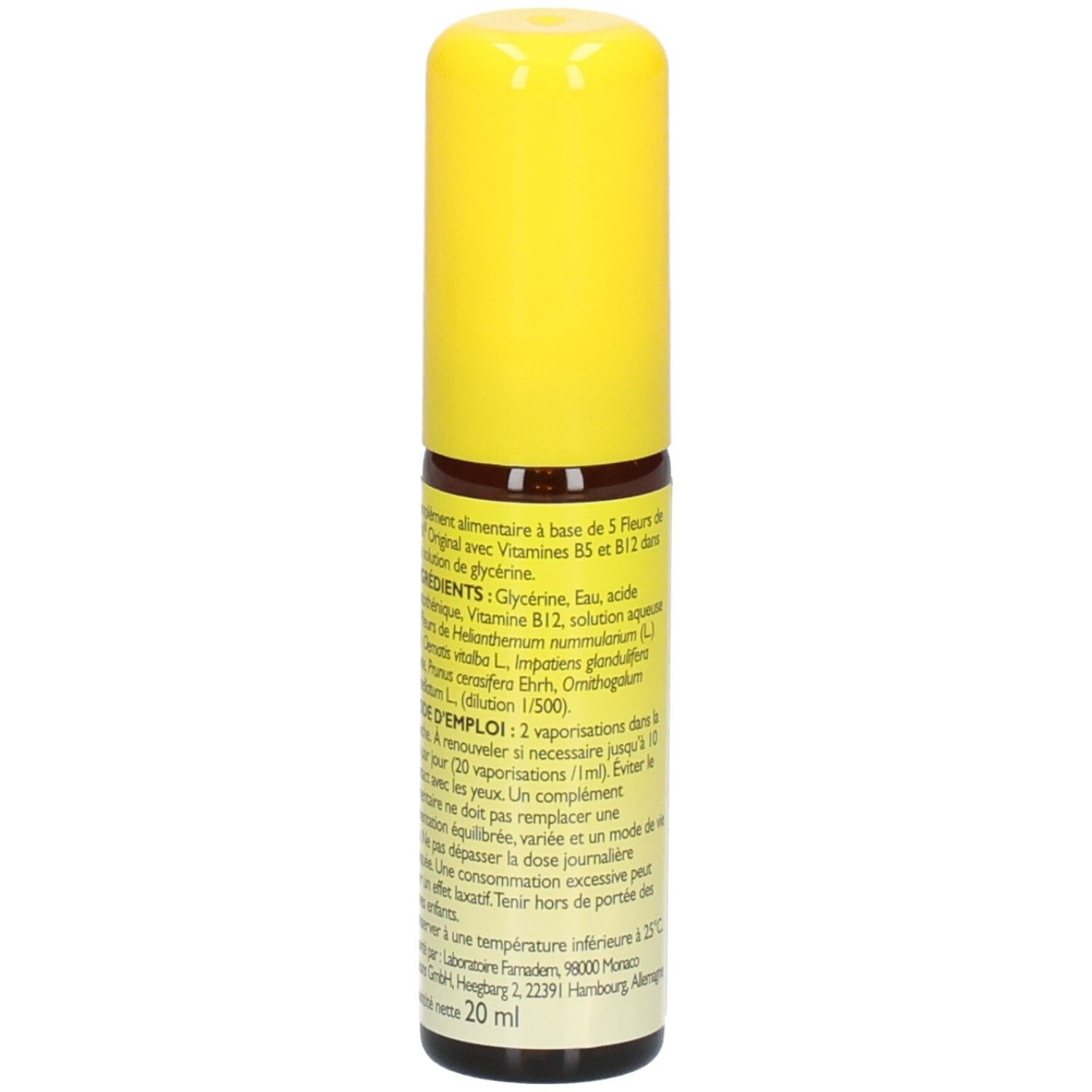 Dos du flacon spray jaune. Texte: ingrédients, mode d'emploi. Sans alcool. 20ml.