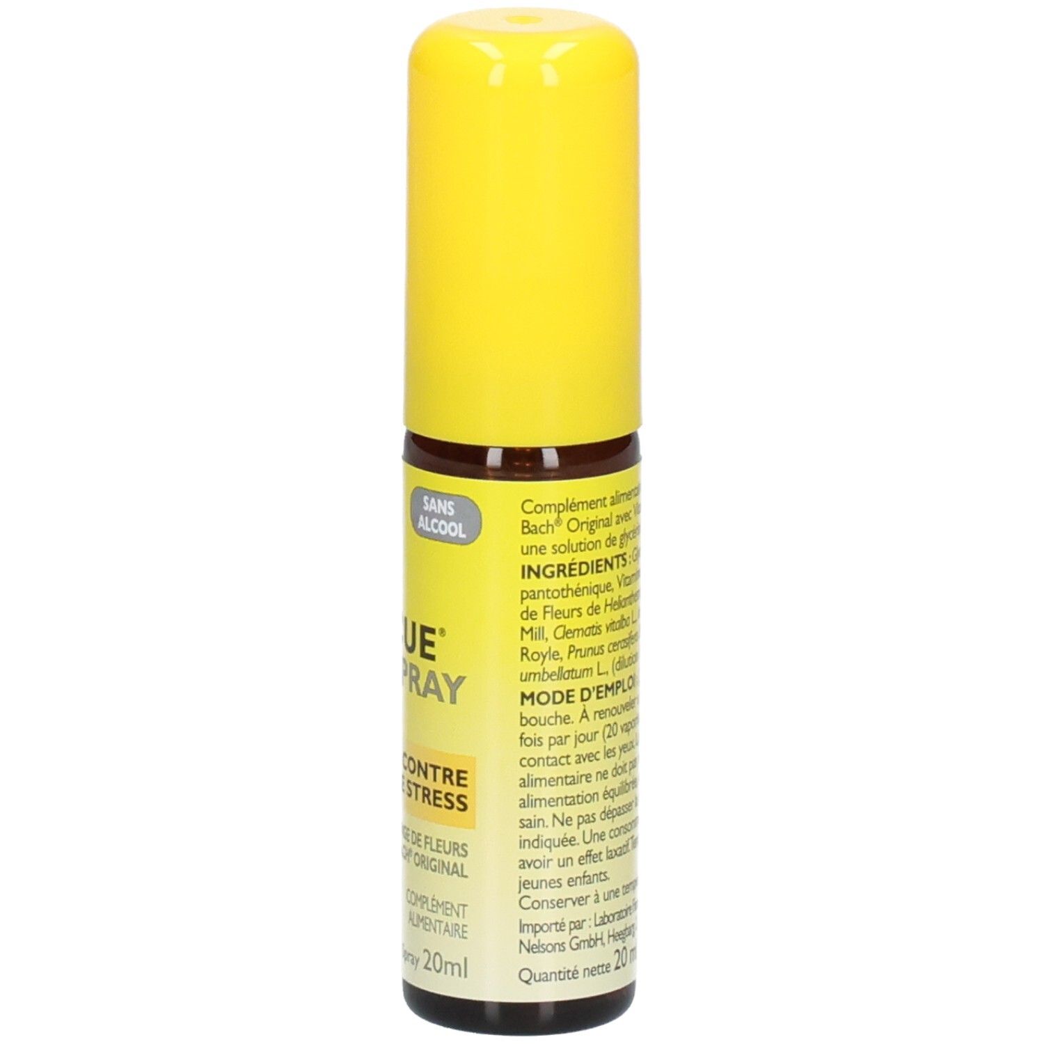 Flacon spray jaune. Inscription: RESCUE SPRAY, CONTRE LE STRESS. Sans alcool. 20ml. Dos avec texte.