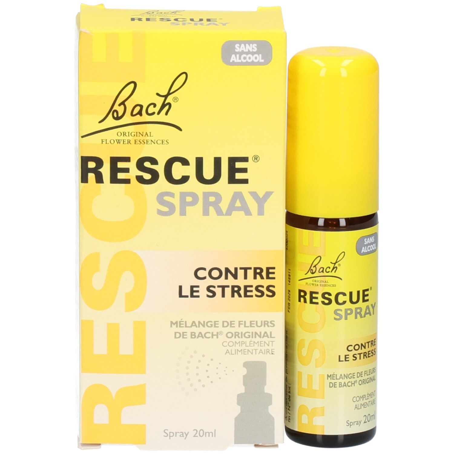 Boîte jaune et flacon spray. Inscription: RESCUE SPRAY, CONTRE LE STRESS. Sans alcool. 20ml.