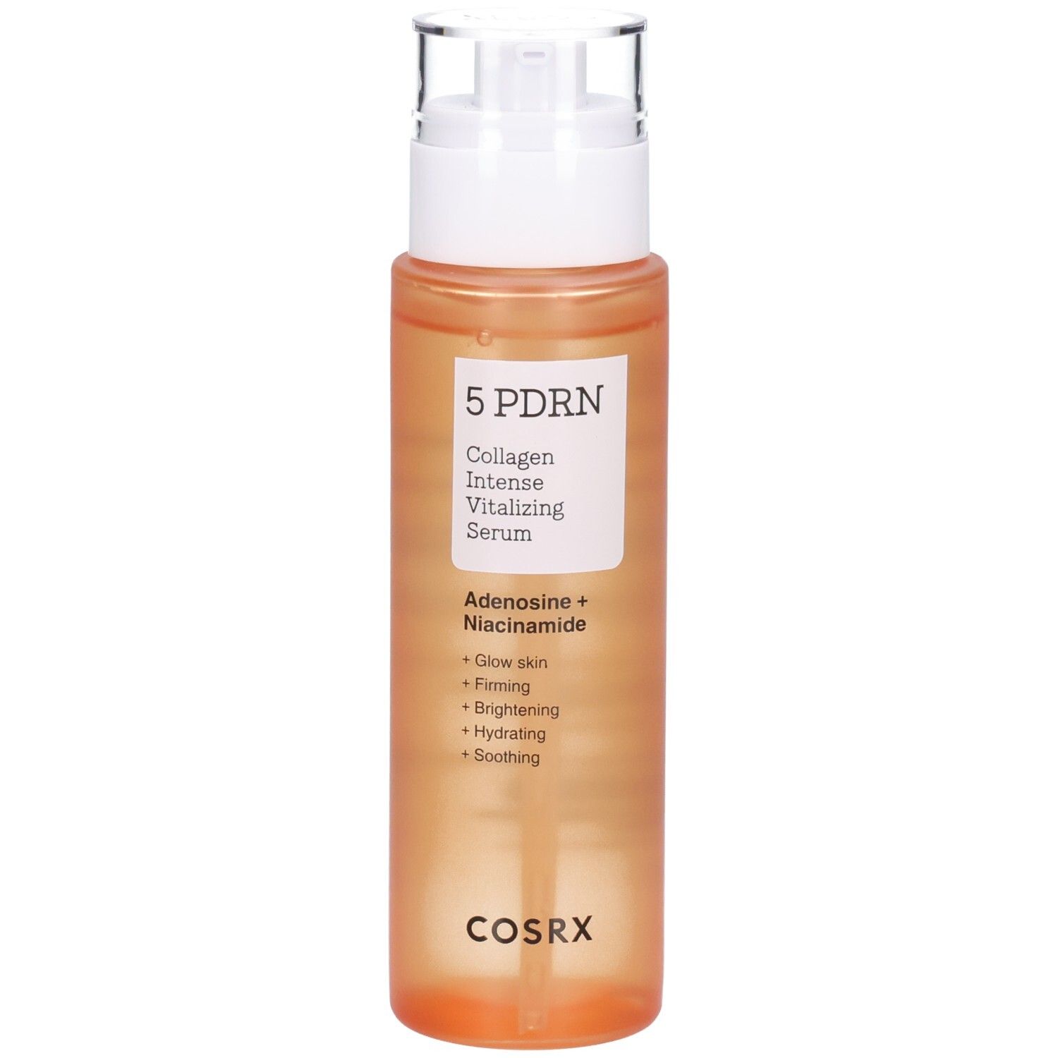 COSRX 5 PDRN Serum mit Spender. Orangefarbene Flasche mit weißem Etikett.