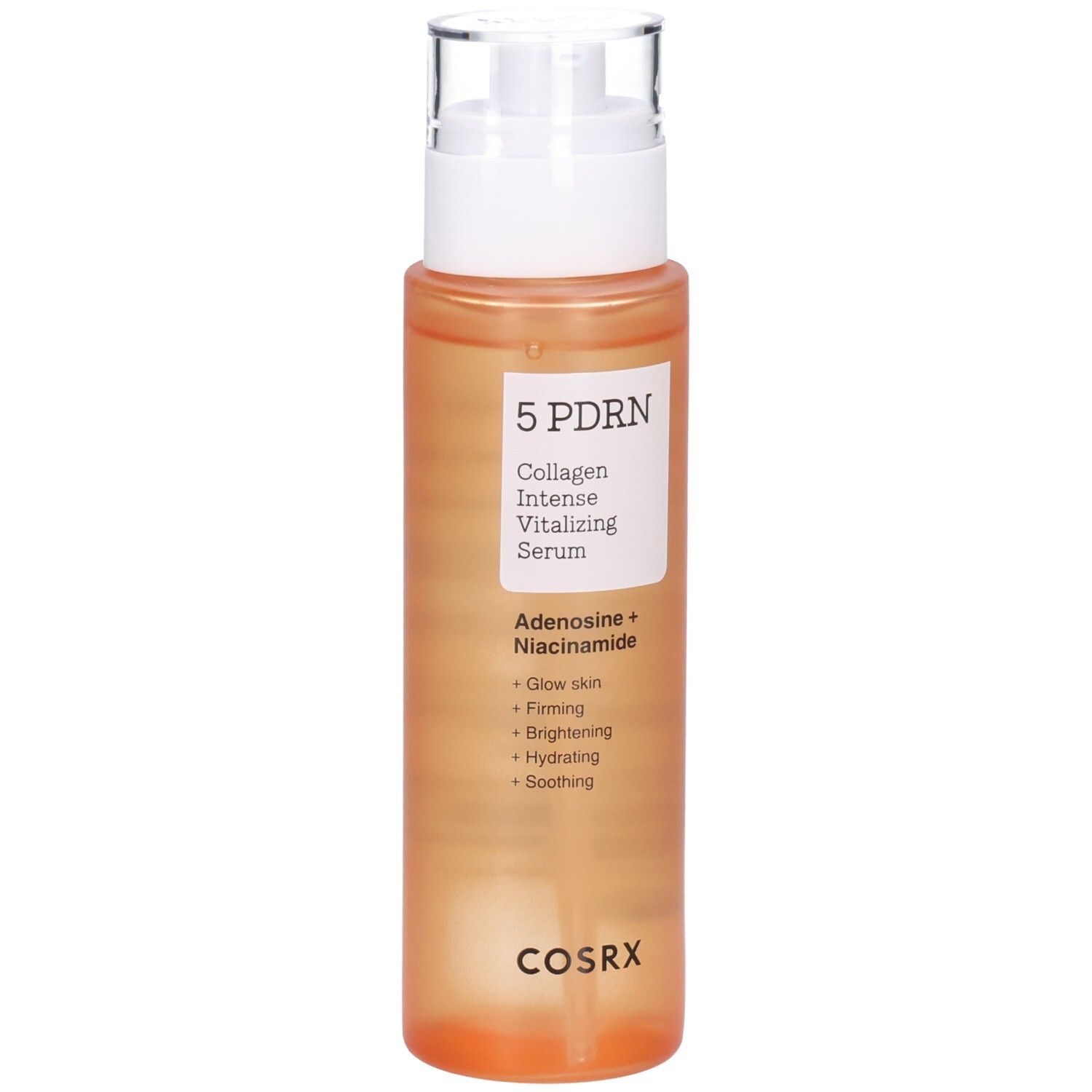 COSRX 5 PDRN Serum mit Spender. Orangefarbene Flasche mit weißem Etikett.