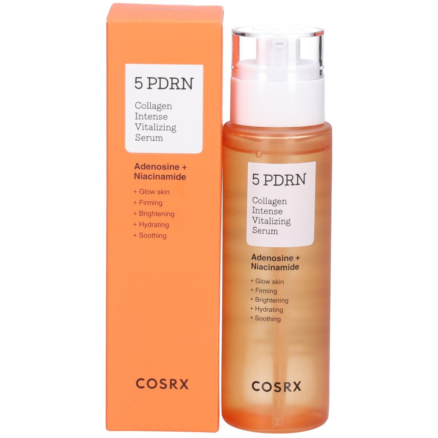 COSRX 5 PDRN Serum und seine orangefarbene Verpackung. Flasche mit Spender und Etikett.