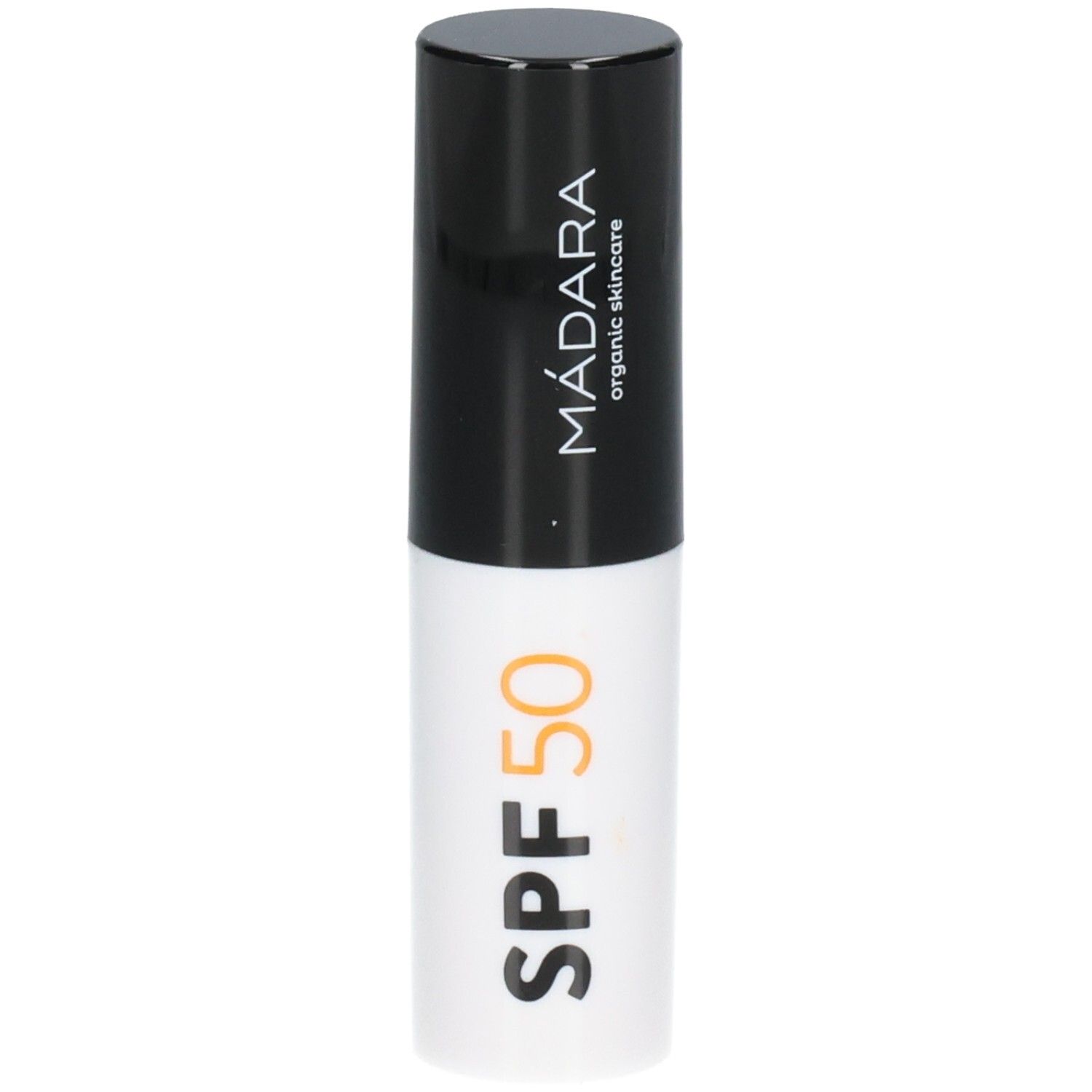 Madara Sonnenschutz Stick LSF 50, weißer Stick mit schwarzem Deckel.
