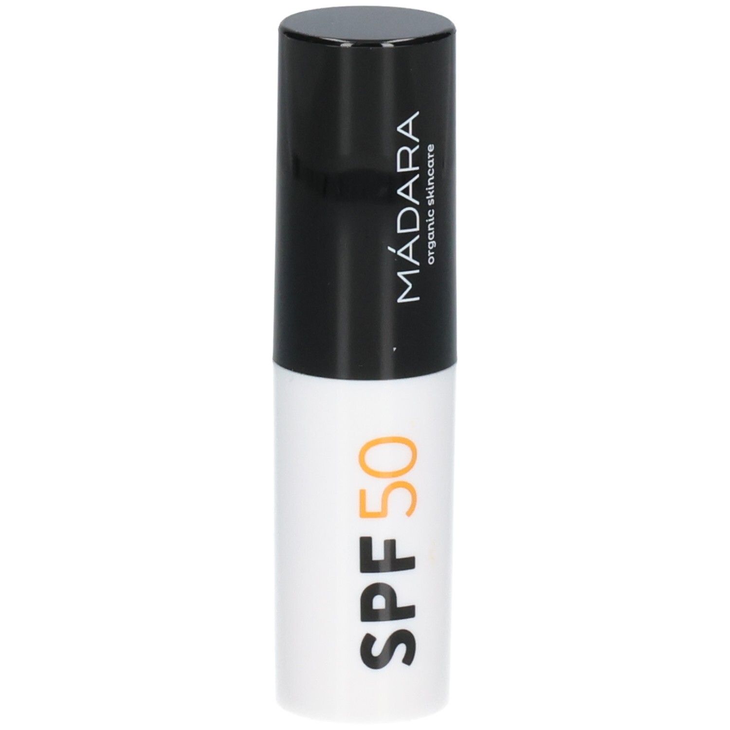 Madara Sonnenschutz Stick LSF 50, weißer Stick mit schwarzem Deckel und Beschriftung.