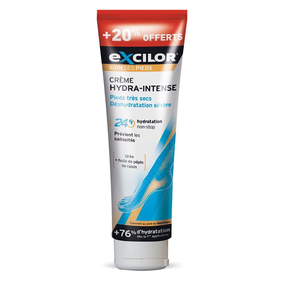 Tube de crème avec texte rouge et blanc. Inscription "EXCILOR SOIN DES PIEDS". Texte : "+20% OFFERTS". Illustration d'un pied.