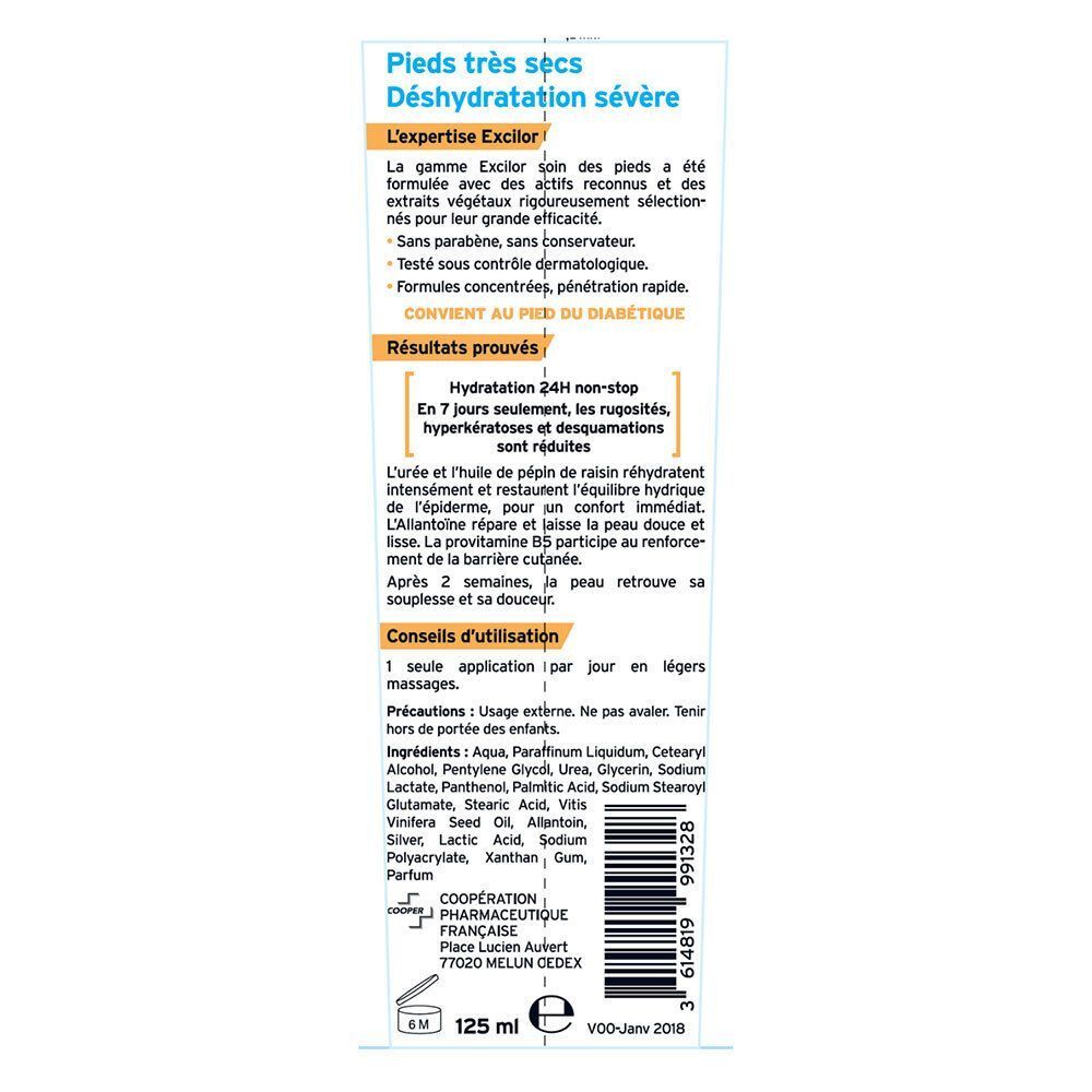 Dos d'un tube de crème. Texte : "Pieds très secs Déshydratation sévère". Contient des informations sur les ingrédients et l'utilisation. Volume : 125 ml.