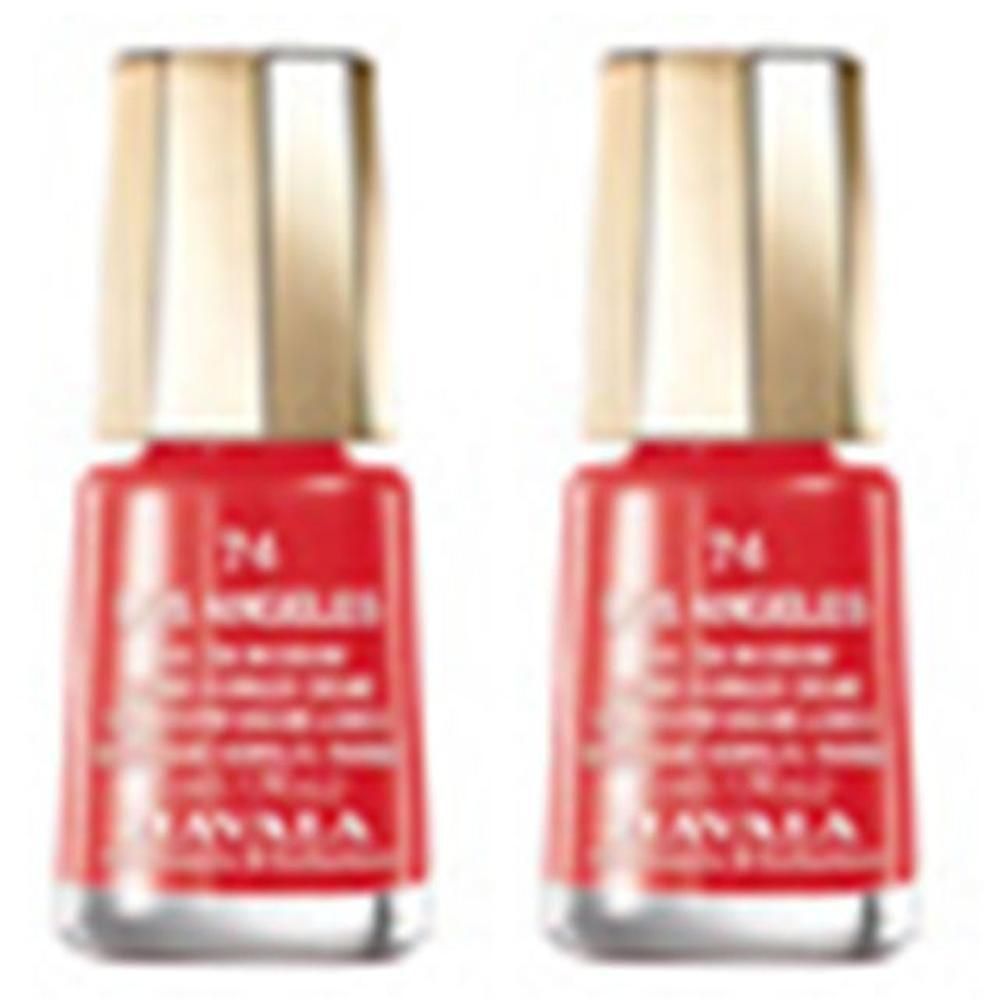Zwei Flakons Nagellack, rot, mit goldenen Deckeln. Aufschrift: 74 LOS ANGELES, MAVALA.