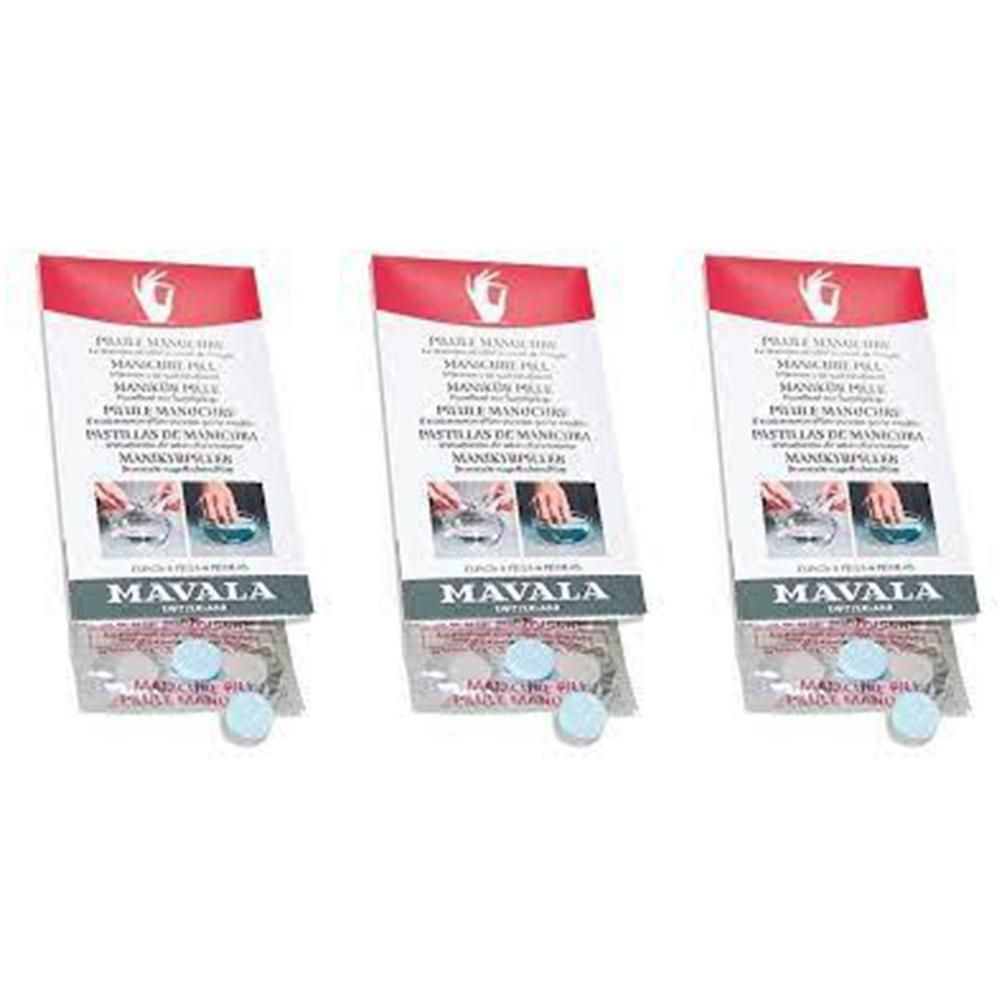 Drei Packungen mit Tabletten. Jede Packung enthält Tabletten und eine Broschüre mit Text und Logo. Der Markenname ist MAVALA.