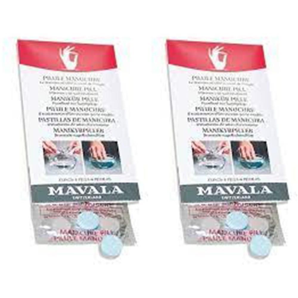 Zwei Packungen MAVALA-Maniküre-Brausetabletten. Jede Packung enthält Tabletten in Blisterverpackung. Aufdrucke in mehreren Sprachen.