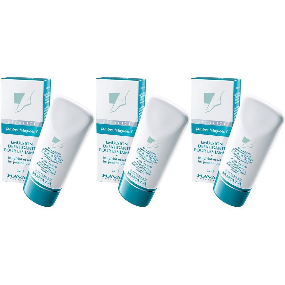 Drei weiße Tuben mit türkisfarbenen Akzenten und Verpackungen. Aufschrift: EMULSION DEFATIGANTE POUR LES JAMBES. Marke MAVALA.