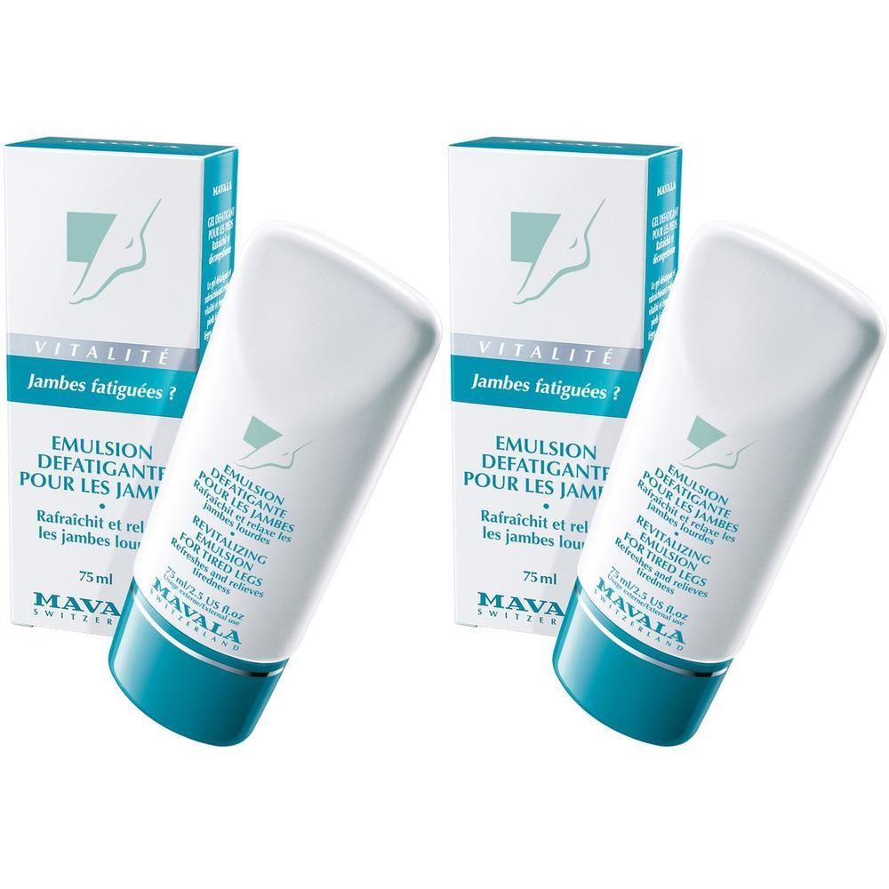 Zwei weiße Tuben und Schachteln. Aufschrift: EMULSION DEFATIGANTE POUR LES JAMBES. Marke: MAVALA.