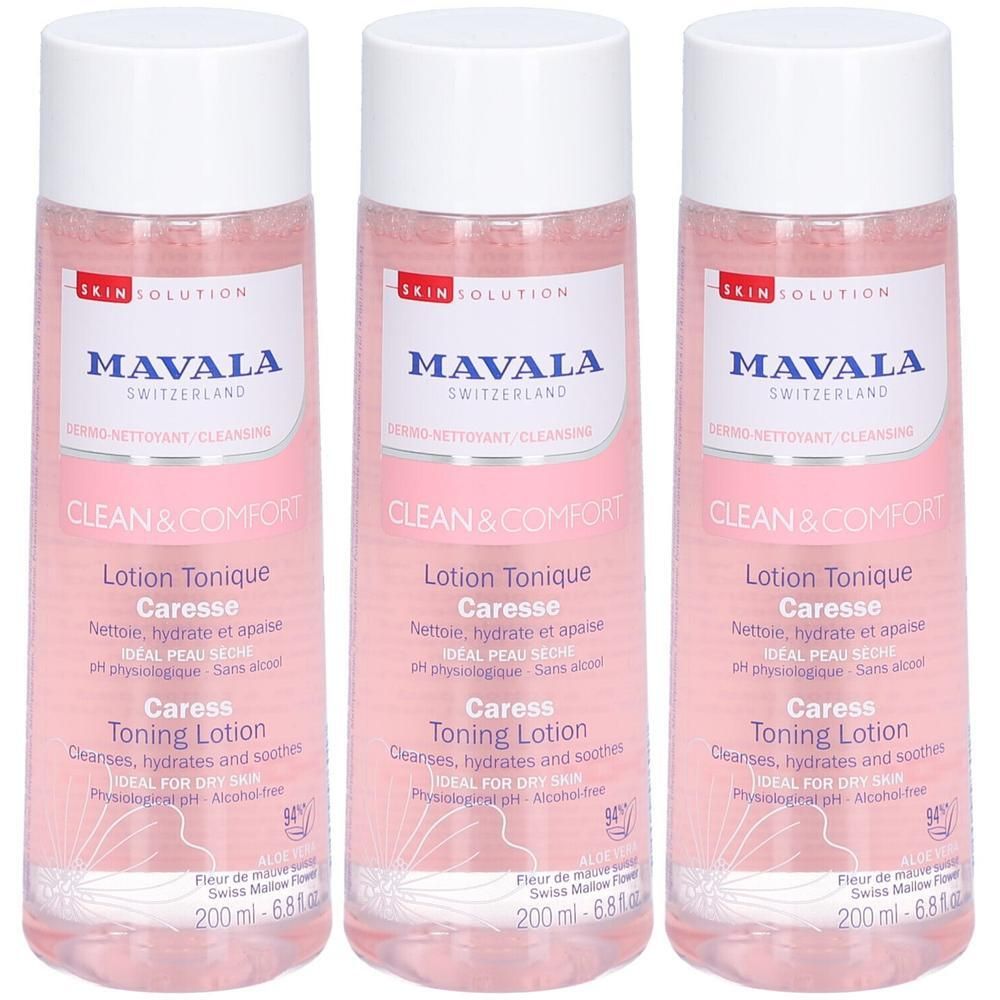 Drei Flaschen MAVALA CLEAN & COMFORT Lotion Tonique. Rosa Flüssigkeit, weißer Deckel. Text: Caresse Toning Lotion, ideal für trockene Haut.