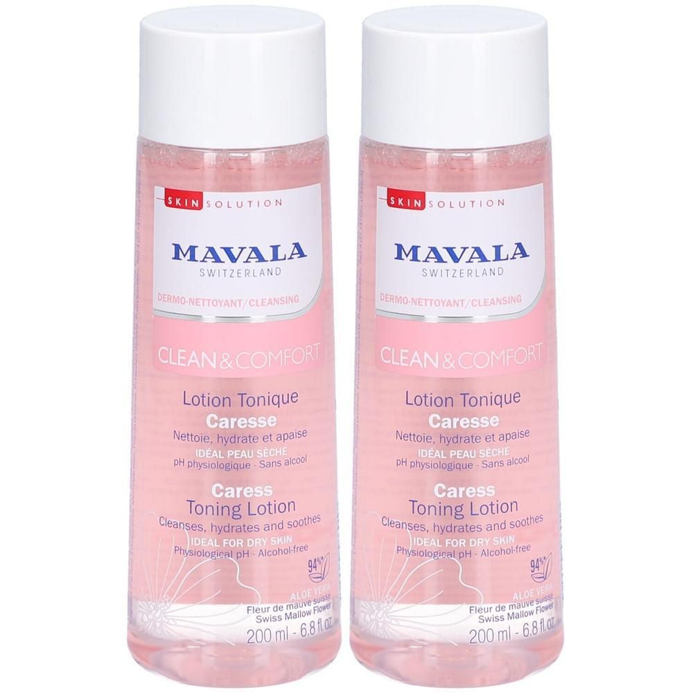 Zwei Flaschen mit rosa Flüssigkeit. Aufschrift: MAVALA, CLEAN & COMFORT, Lotion Tonique Caresse, Toning Lotion. Weiße Deckel.