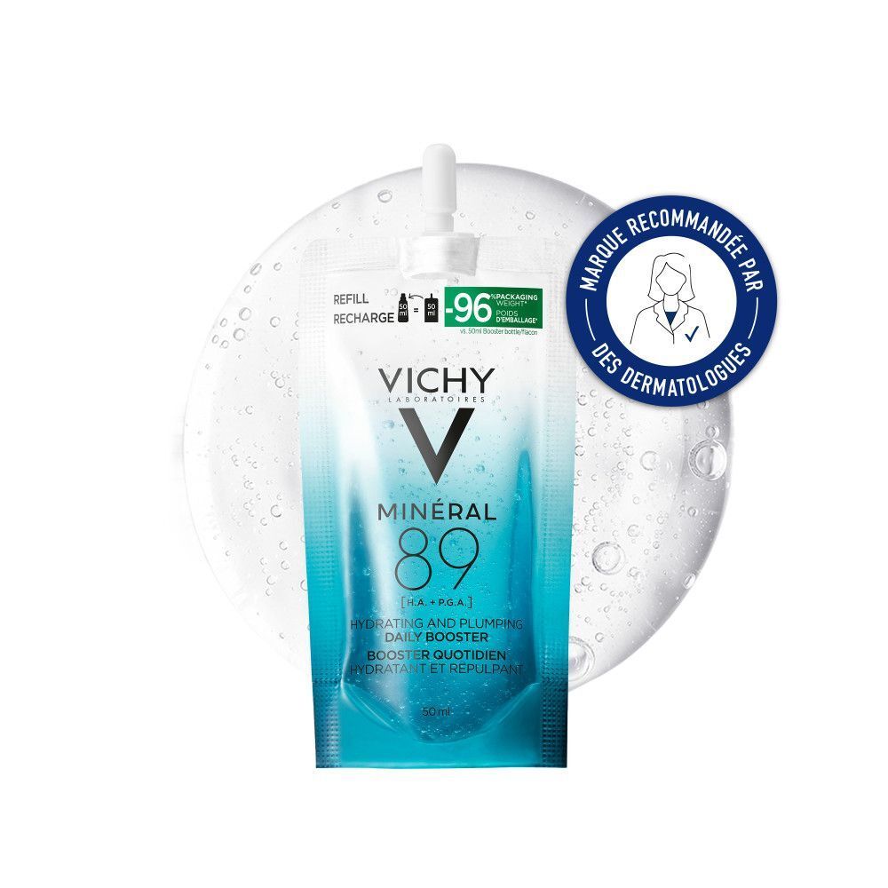 Recharge VICHY MINERAL89 sur fond clair. Label rond : Marque recommandée par des dermatologues. Inscriptions : VICHY, MINERAL 89.