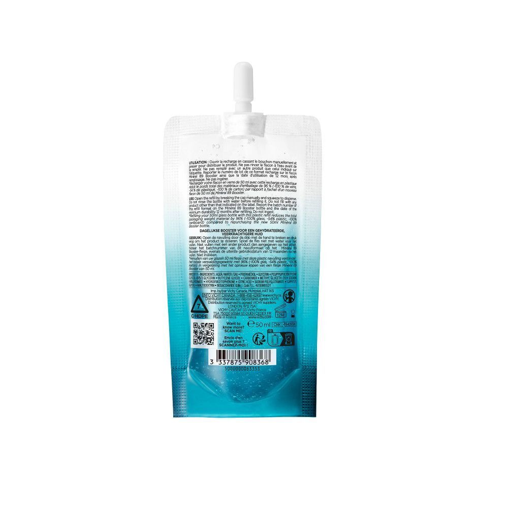 Dos d'une recharge VICHY MINERAL89. Emballage transparent avec dégradé bleu. Texte et code QR. Inscriptions : VICHY, MINERAL 89.