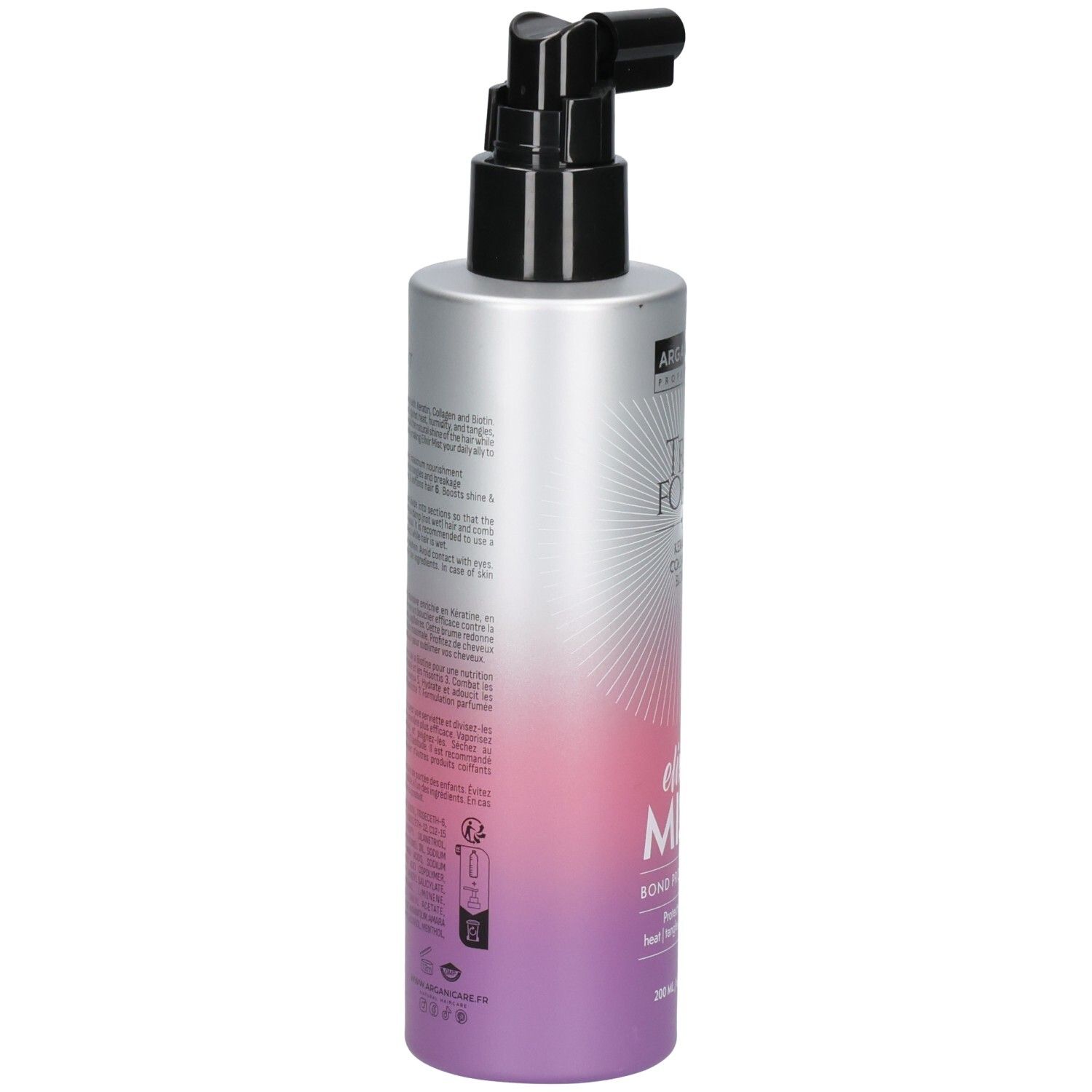 Rückseite der Arganicare Trio Force Elixir Mist Flasche mit Anwendungshinweisen und Inhaltsstoffen.