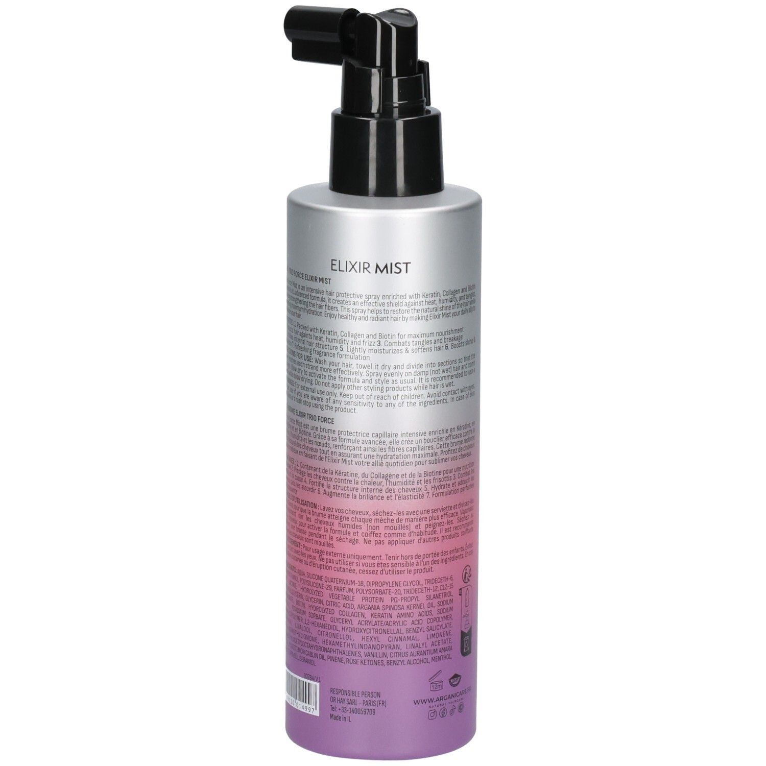 Rückseite der Arganicare Trio Force Elixir Mist Flasche mit detaillierten Anwendungshinweisen und Inhaltsstoffen.