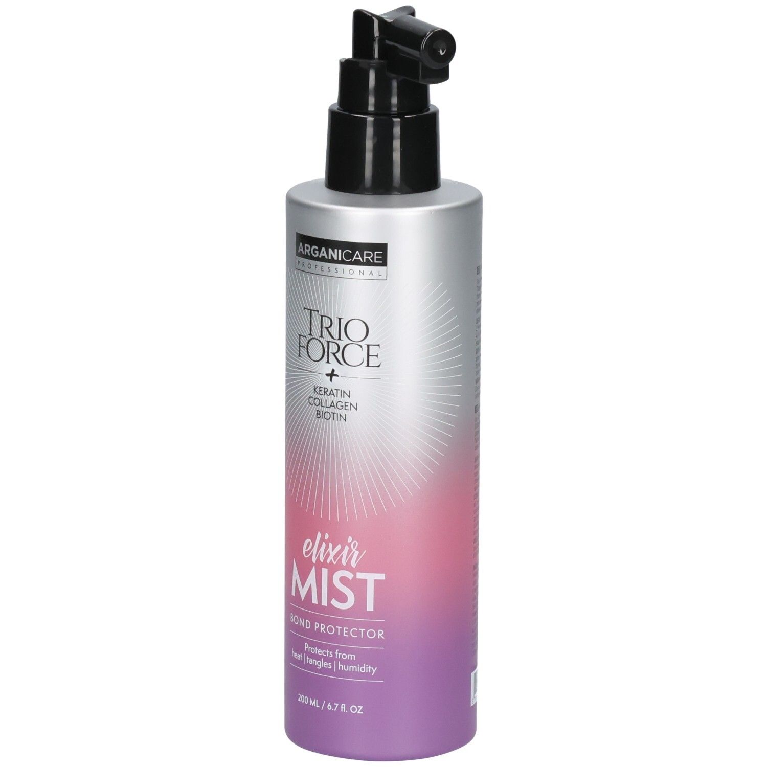 Arganicare Trio Force Elixir Mist Flasche mit Pumpsprühkopf. Enthält Keratin, Kollagen, Biotin.