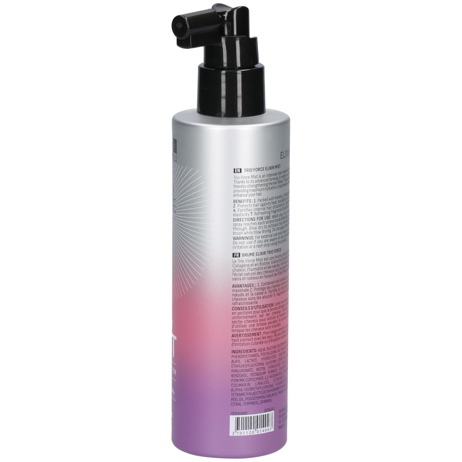 Rückseite der Arganicare Trio Force Elixir Mist Flasche mit Inhaltsstoffen und Anwendungshinweisen.