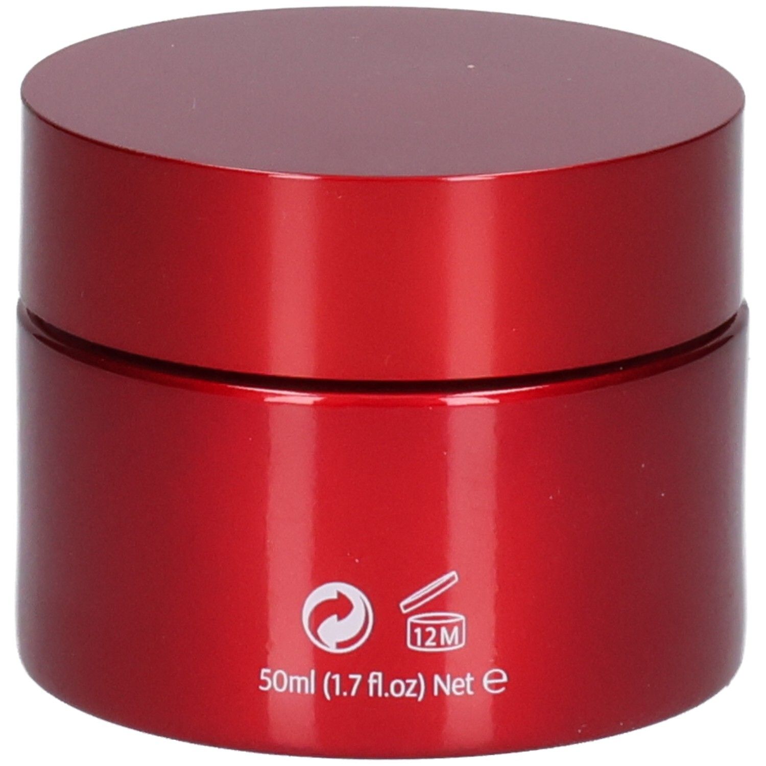 Rote Dose Hyaluronsäure Intensive Anti-Aging Creme, Rückseite. Beschriftung: 50ml (1.7 fl.oz) Net e, 12M.