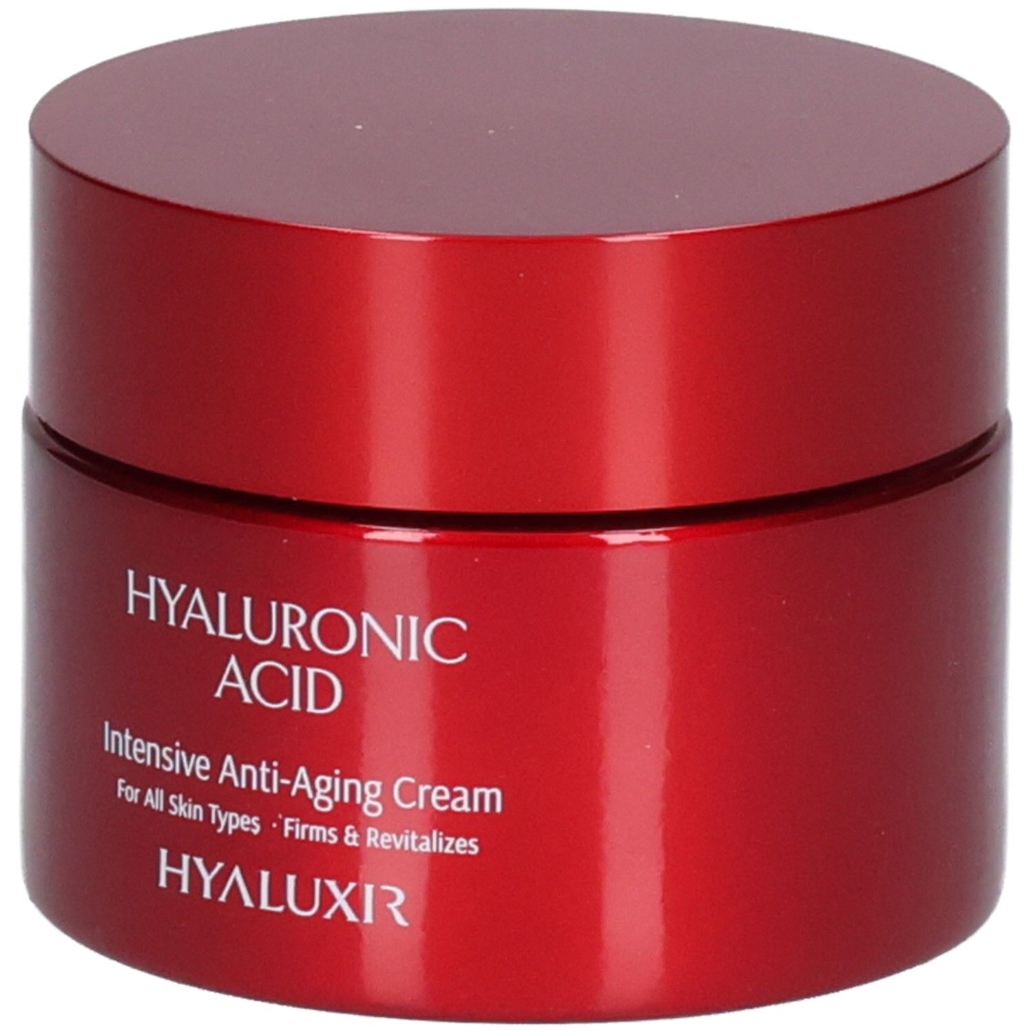 Rote Dose Hyaluronsäure Intensive Anti-Aging Creme. Beschriftung: Hyaluronic Acid, Intensive Anti-Aging Cream, For All Skin Types, Firms & Revitalizes, HYALUXIR.