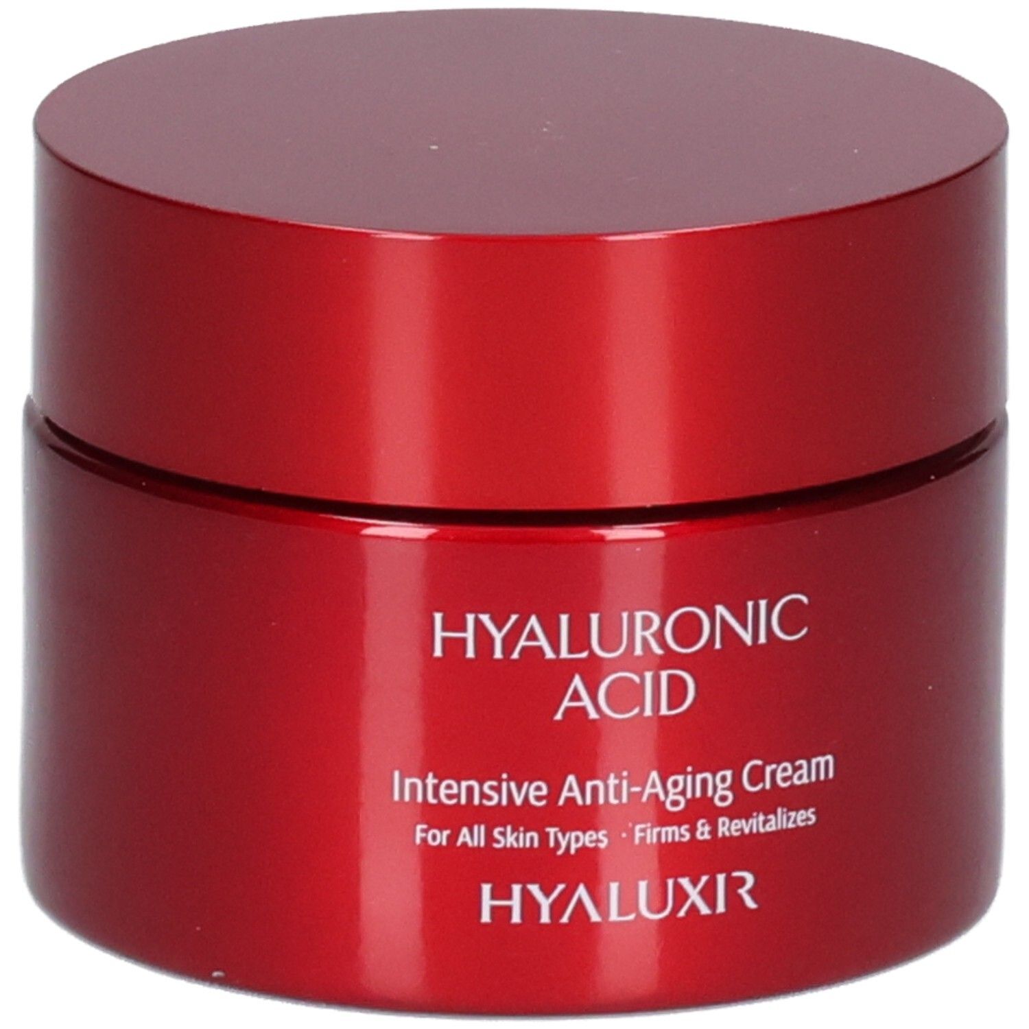 Rote Dose Hyaluronsäure Intensive Anti-Aging Creme. Beschriftung: Hyaluronic Acid, Intensive Anti-Aging Cream, For All Skin Types, Firms & Revitalizes, HYALUXIR.