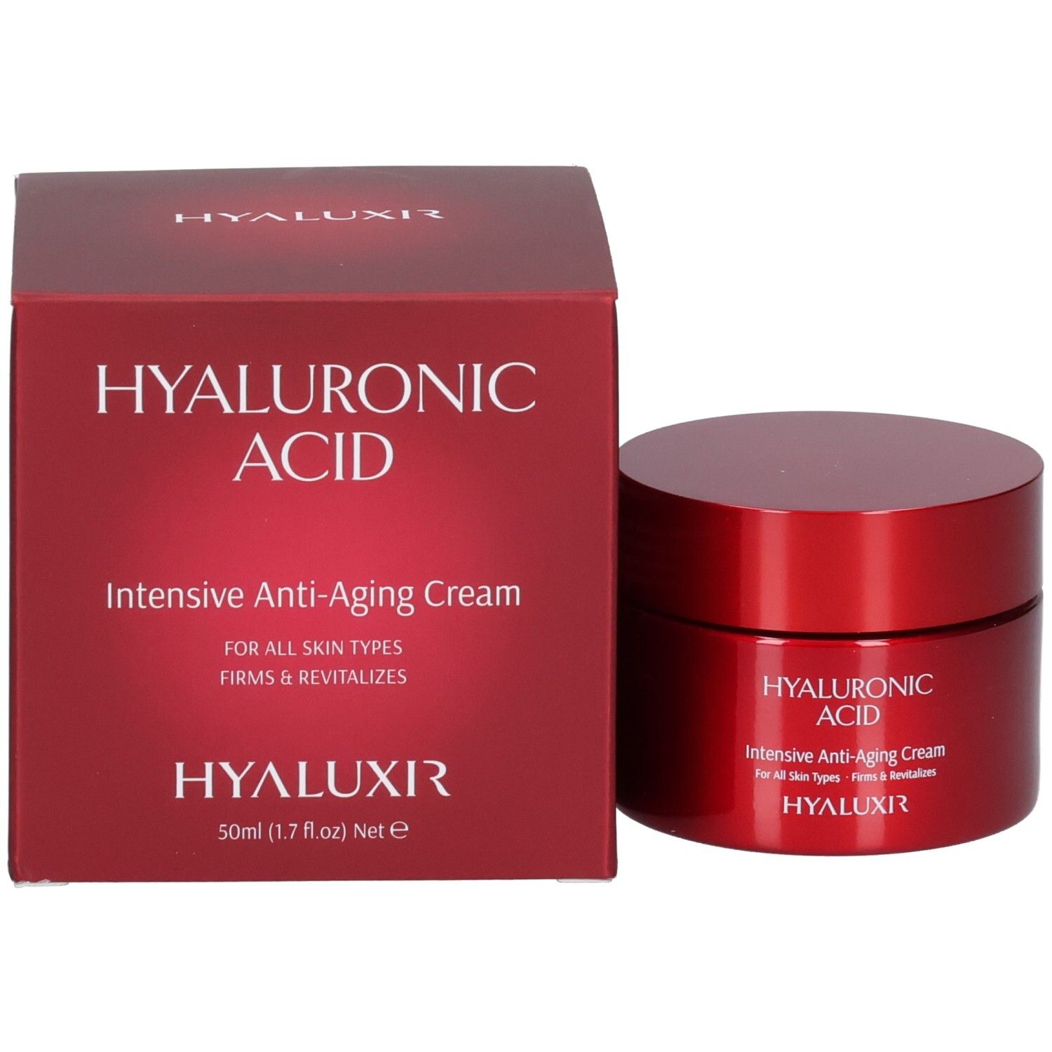 Rote Schachtel und Dose Hyaluronsäure Intensive Anti-Aging Creme. Beschriftung: Hyaluronic Acid, Intensive Anti-Aging Cream, For All Skin Types, Firms & Revitalizes, HYALUXIR, 50ml.
