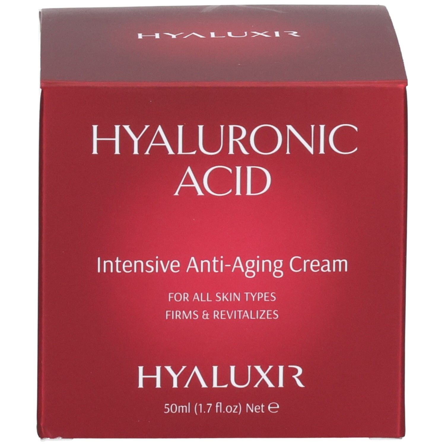 Rote Schachtel Hyaluronsäure Intensive Anti-Aging Creme. Beschriftung: Hyaluronic Acid, Intensive Anti-Aging Cream, For All Skin Types, Firms & Revitalizes, HYALUXIR, 50ml.