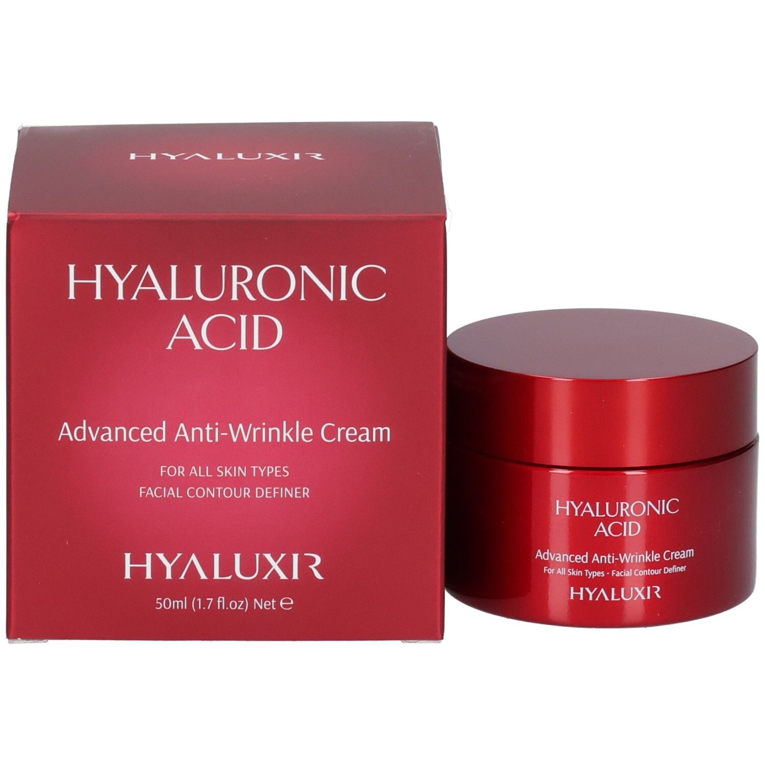 Rote Schachtel und Dose mit Hyaluronsäure, Advanced Anti-Wrinkle Cream, 50ml (1.7 fl.oz) Net e, HYALUXIR.