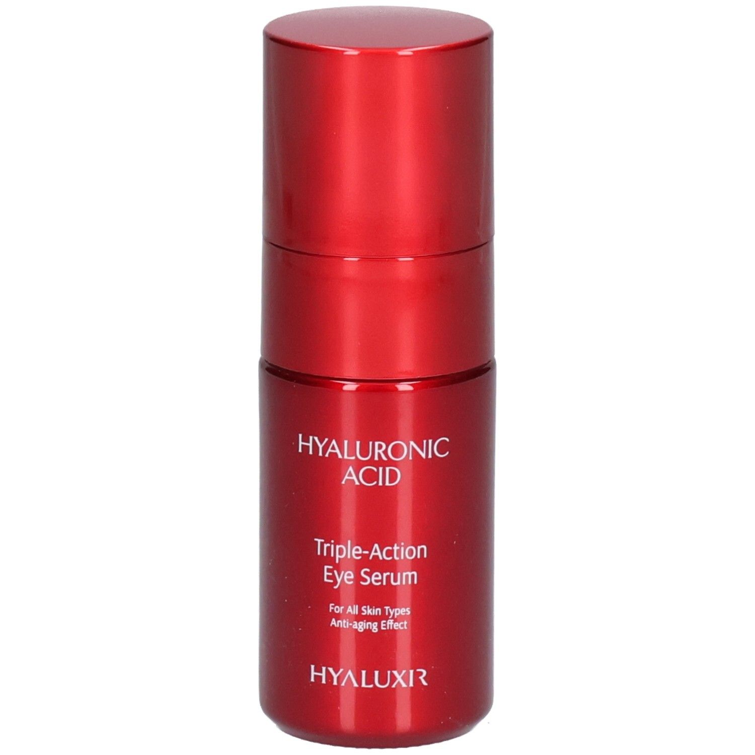 Rote Augenpflege-Flasche mit silbernem Applikator. Hyaluronsäure, Triple-Action Eye Serum.