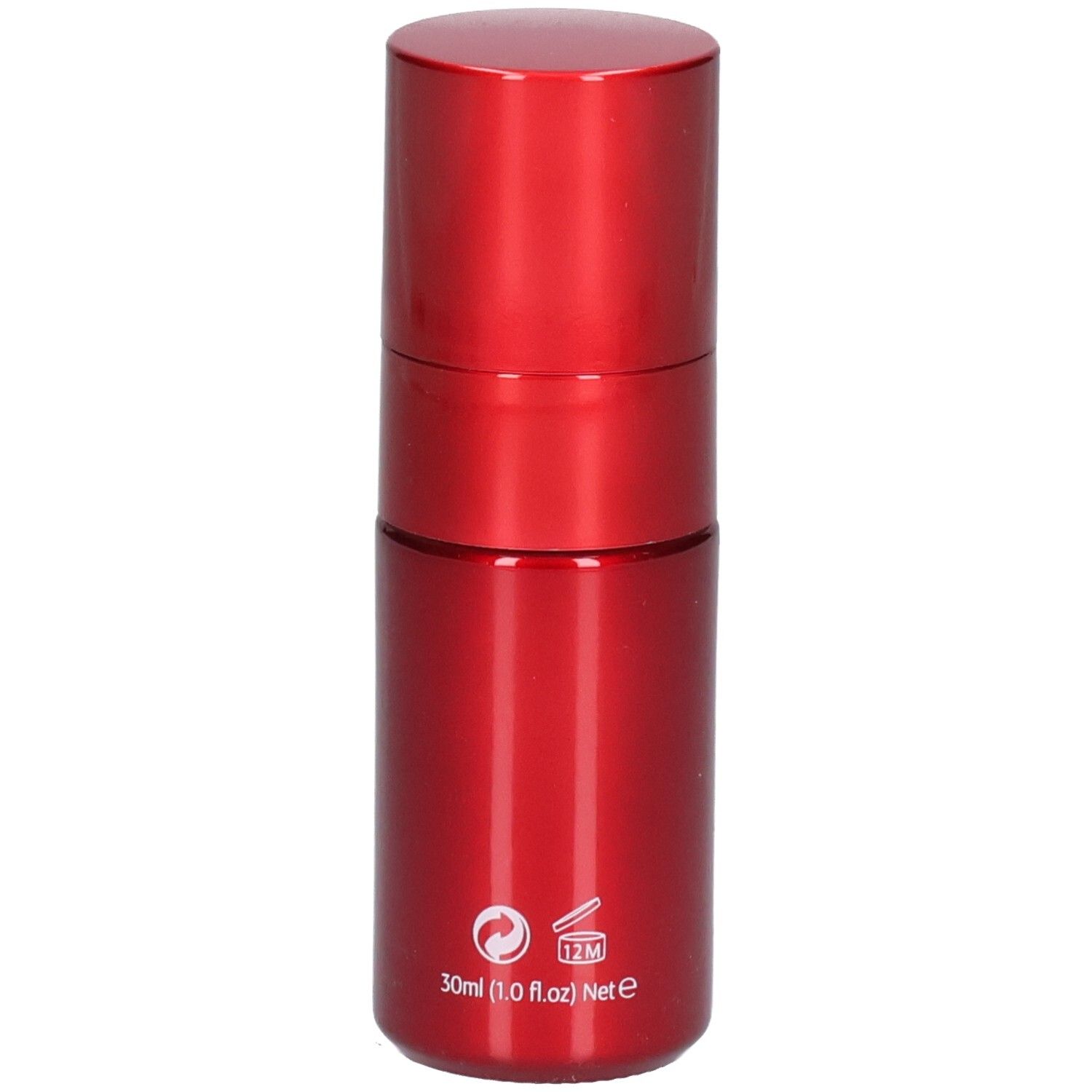 Rote Augenpflege-Flasche mit silbernem Applikator. Enthält 30ml (1.0 fl.oz).