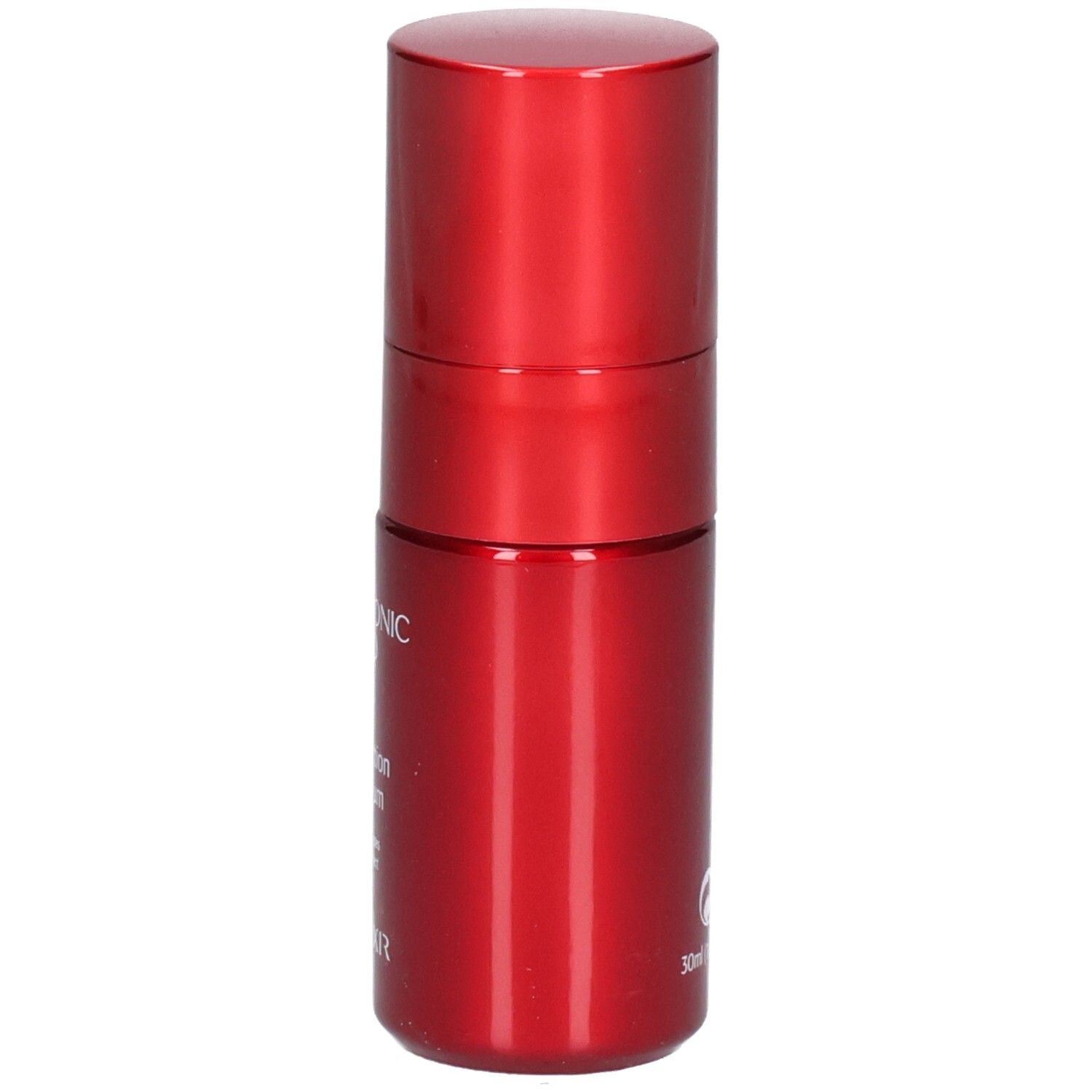 Rote Augenpflege-Flasche mit silbernem Applikator, von der Seite gezeigt. Hyaluronsäure.