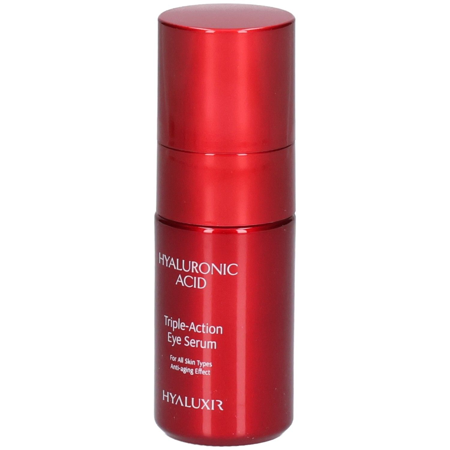 Rote Augenpflege-Flasche mit silbernem Applikator. Hyaluronsäure, Triple-Action Eye Serum.