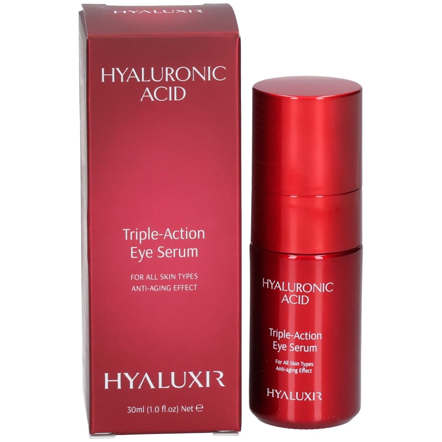 Rote Faltschachtel und Flasche für Augenpflege. Hyaluronsäure, Triple-Action Eye Serum.