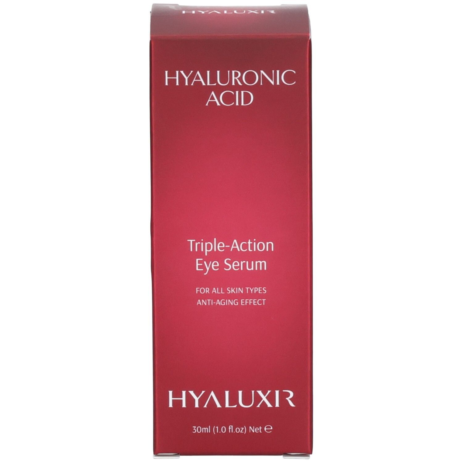 Rote Faltschachtel für Augenpflege. Hyaluronsäure, Triple-Action Eye Serum, 30ml.