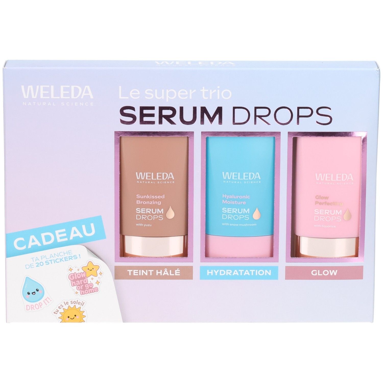 Coffret Weleda Trio Serum Drops avec trois sérums : Bronzing, Hydratation, Glow.