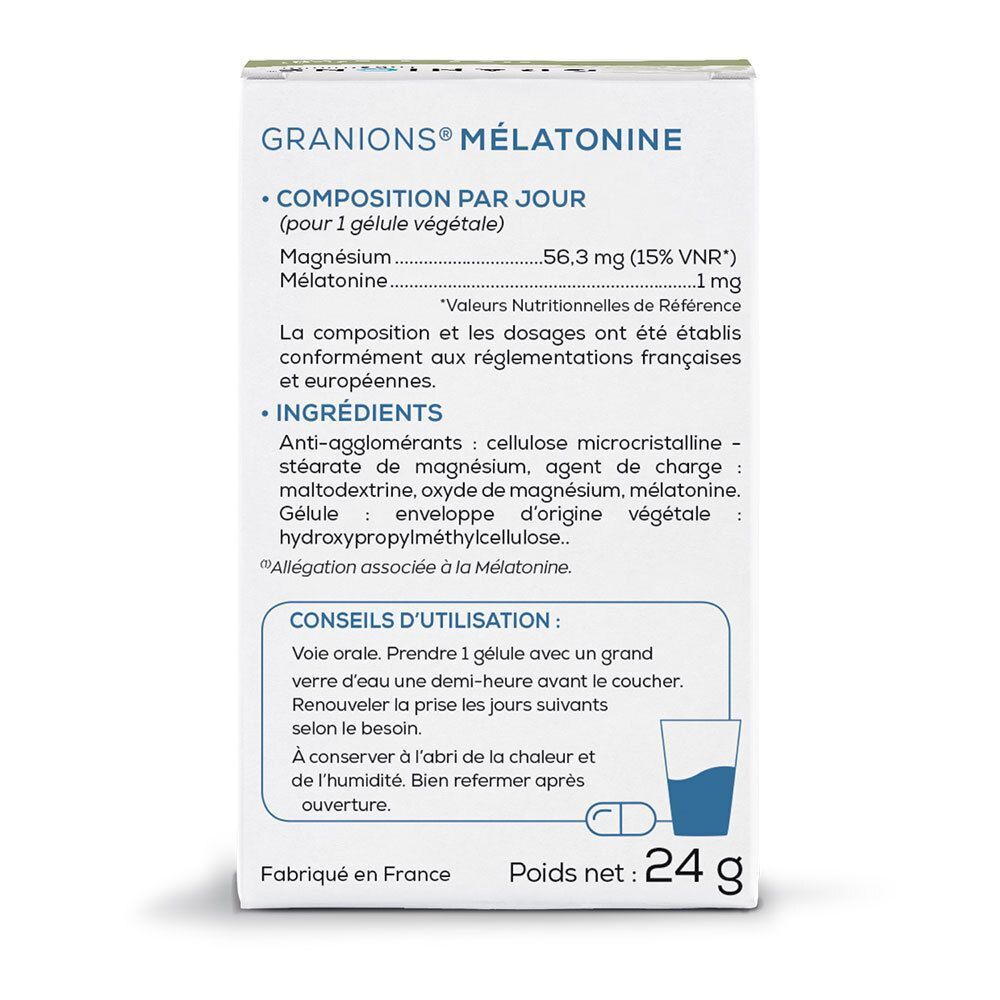Arrière d'une boîte Granions Mélatonine 1 mg avec informations nutritionnelles et ingrédients.