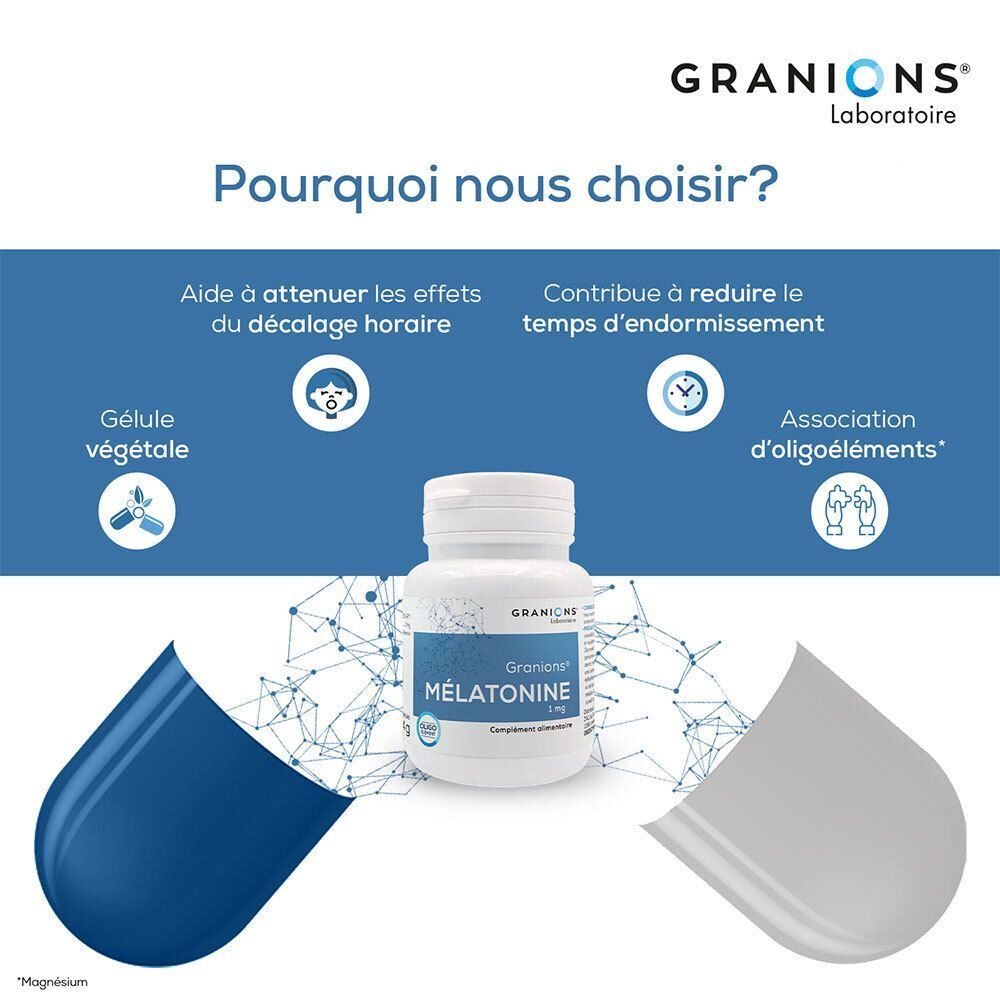 Flacon Granions Mélatonine 1 mg, gélule végétale, aide au décalage horaire et au temps d'endormissement.