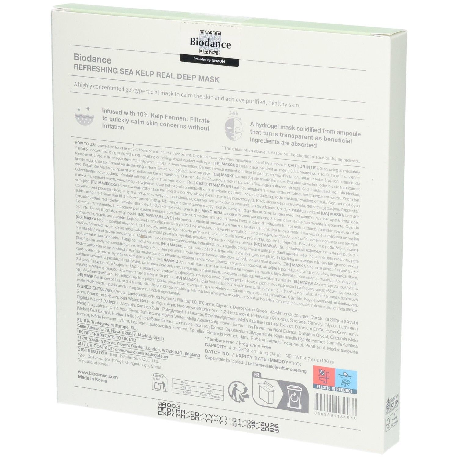 Rückseite der Biodance Refreshing Sea Kelp Real Deep Mask Verpackung mit Produktinformationen.