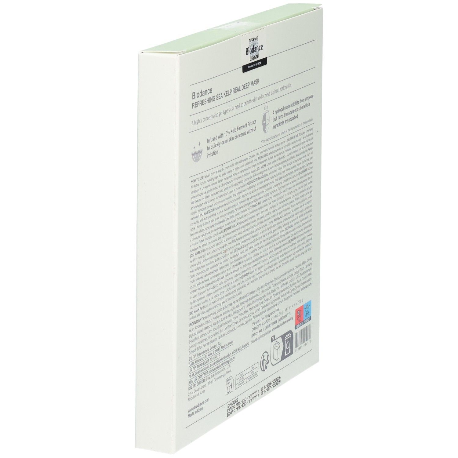 Seitenansicht der Biodance Refreshing Sea Kelp Real Deep Mask Verpackung mit Produktinformationen.