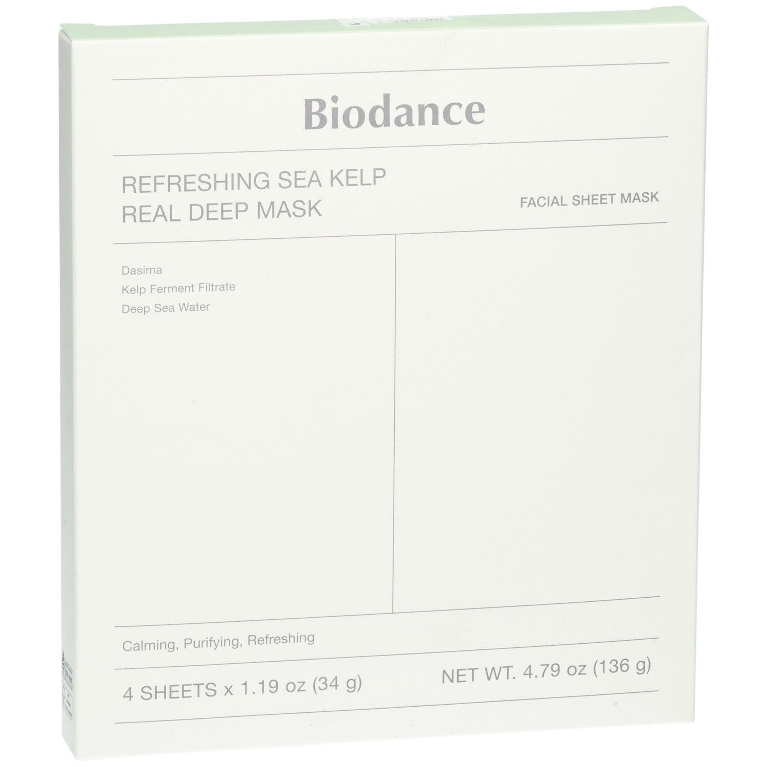 Vorderseite der Biodance Refreshing Sea Kelp Real Deep Mask Verpackung, 4 Gesichtsmasken.