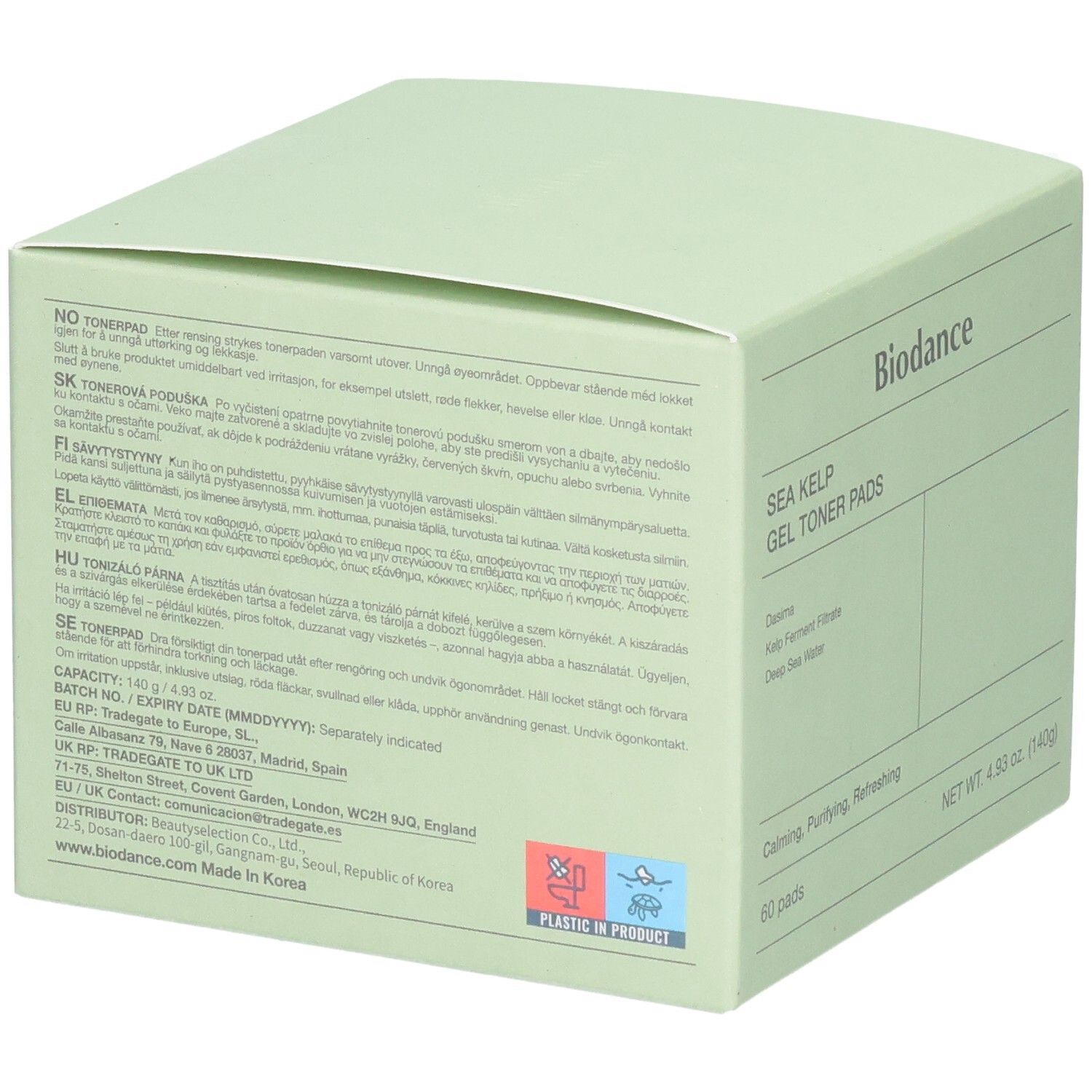 Rückseite der Biodance Sea Kelp Gel Toner Pads Verpackung mit mehrsprachigen Informationen.