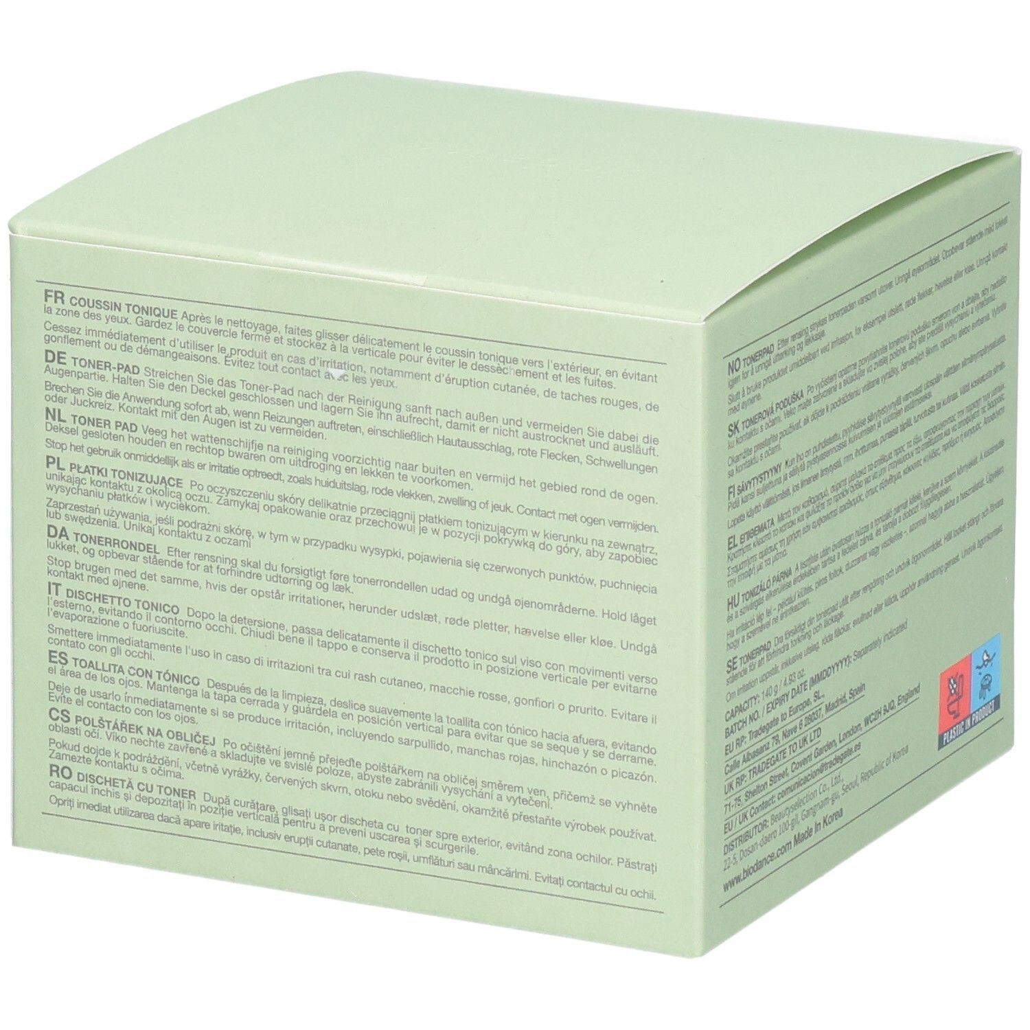 Seitenansicht der Biodance Sea Kelp Gel Toner Pads Verpackung mit Anwendungshinweisen.