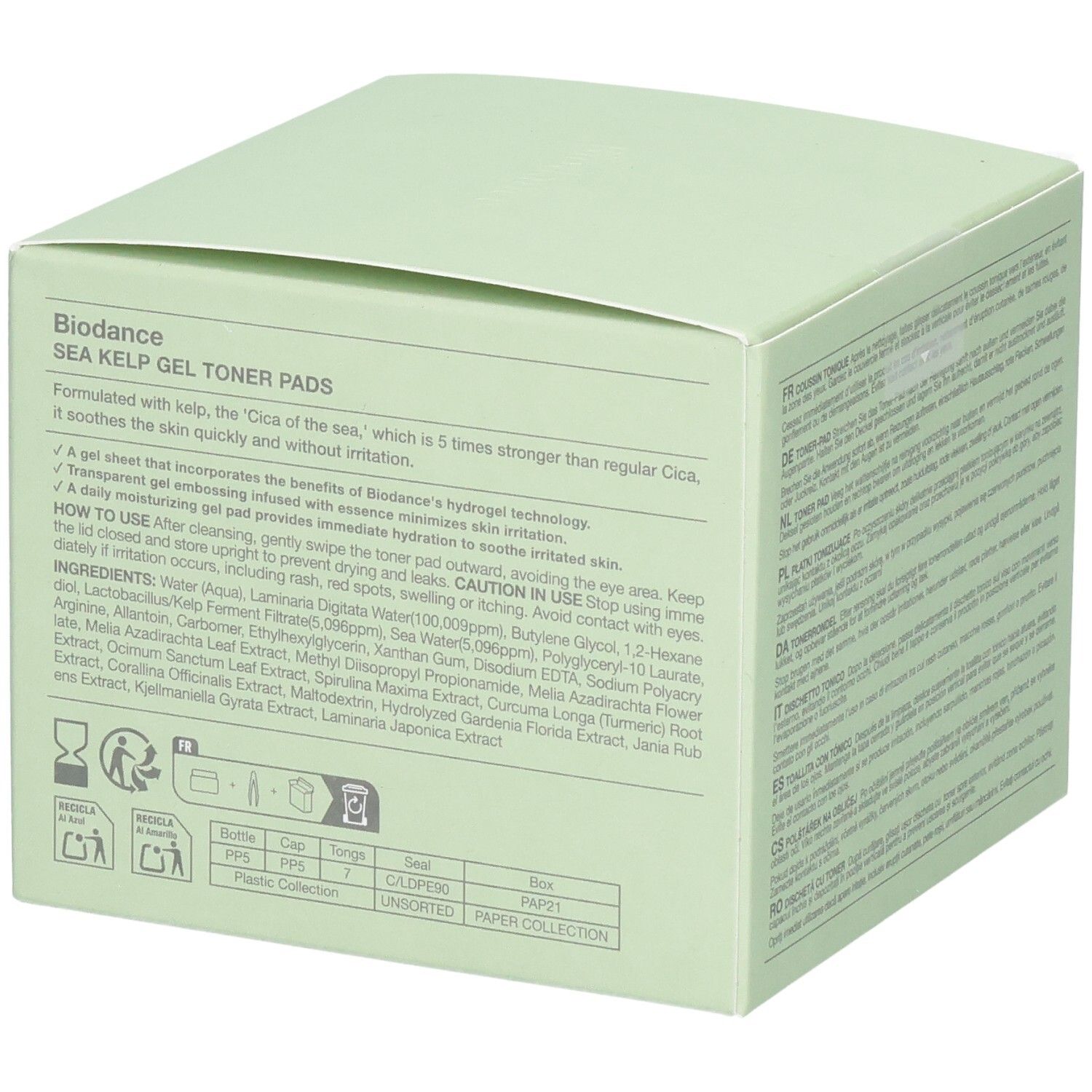 Detailansicht der Biodance Sea Kelp Gel Toner Pads Verpackung mit Inhaltsstoffen.