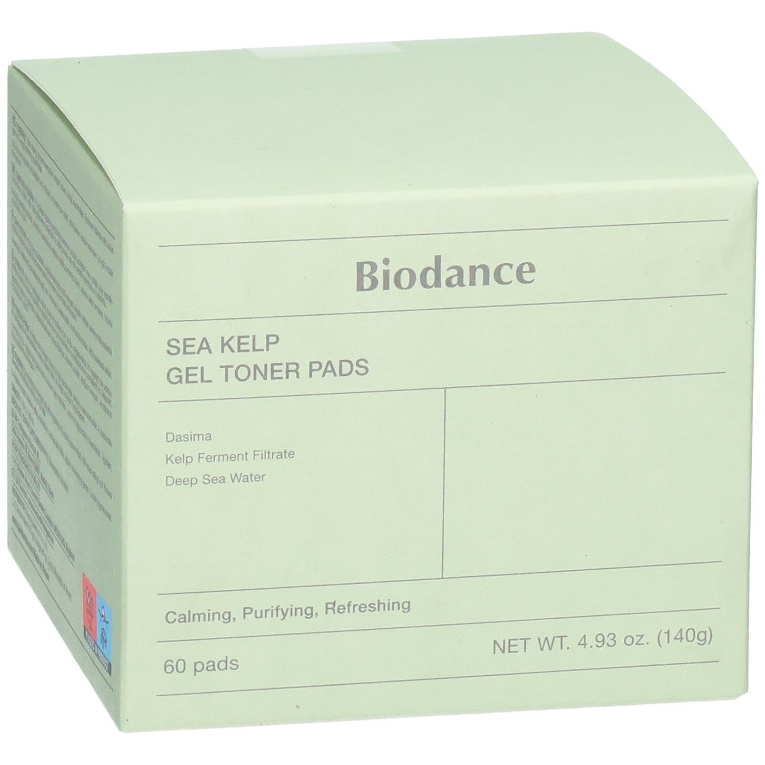 Schrägansicht der Biodance Sea Kelp Gel Toner Pads Verpackung, 60 Pads.