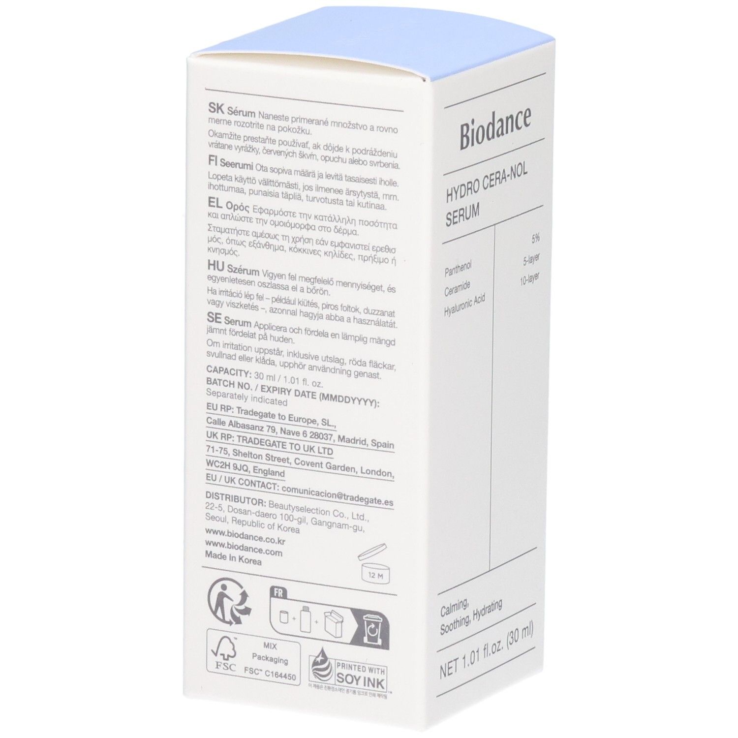 Rückseite der Biodance Hydro Cera-nol Serum Verpackung mit Anwendungshinweisen und Herstellerinformationen.