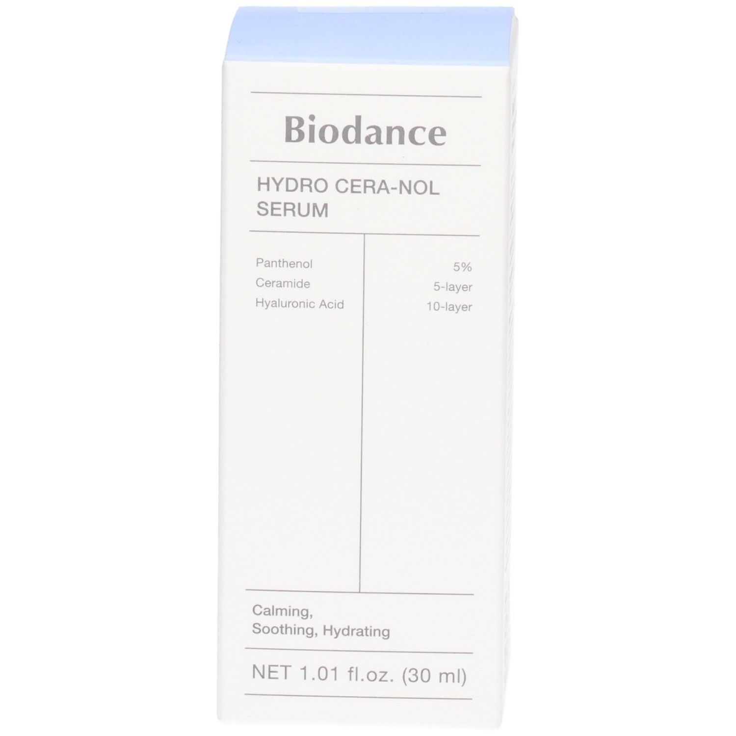 Vorderseite der Biodance Hydro Cera-nol Serum Verpackung mit Produktnamen und Hauptinhaltsstoffen.